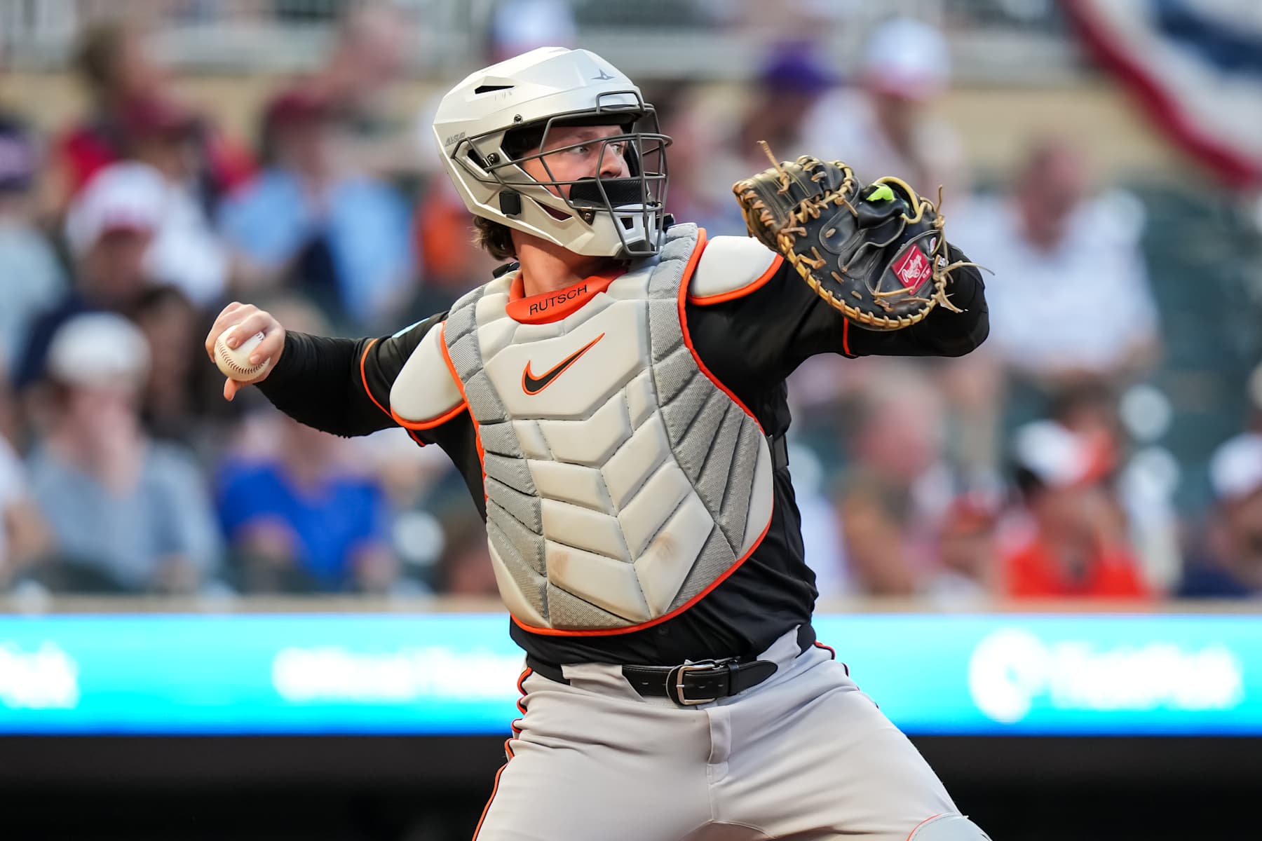 MINNEAPOLIS, MN - SEPTEMBER 28: Adley Rutschman #35 of the Baltimore Orioles throws against the Minnesota Twins on September 28, 2024 at Target Field in Minneapolis, Minnesota. (Photo by Brace Hemmelgarn/Minnesota Twins/Getty Images)