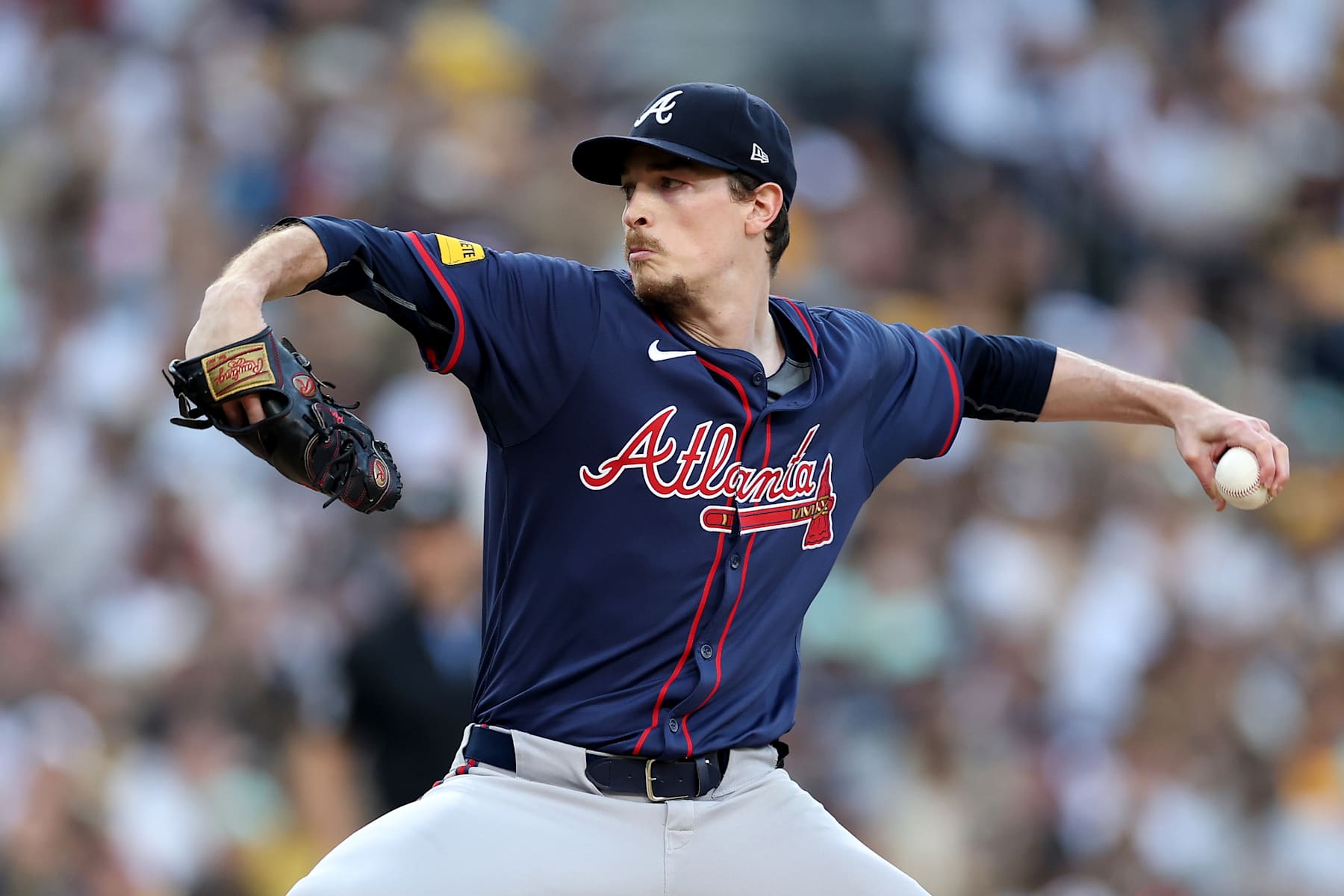SAN DIEGO, CALIFORNIA - OCTOBER 02: Max Fried #54 of the Atlanta Braves throws a pitch against the San Diego Padres during the first inning in Game Two of the Wild Card Series at Petco Park on October 02, 2024 in San Diego, California.  (Photo by Sean M. Haffey/Getty Images)