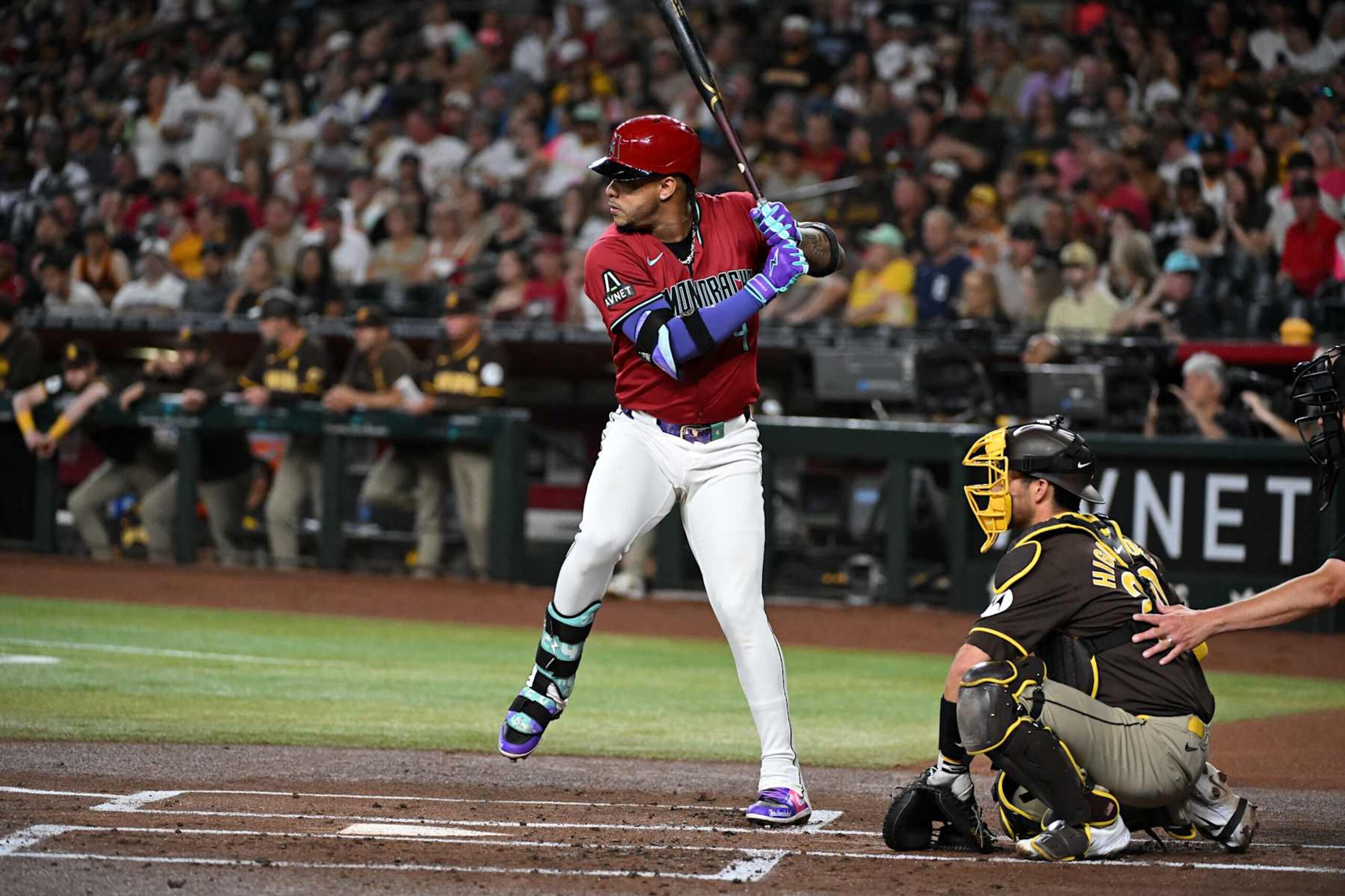 PHOENIX, ARIZONA - SEPTEMBER 28: Ketel Marte #4 of the Arizona Diamondbacks gets ready in the batters box against the San Diego Padres at Chase Field on September 28, 2024 in Phoenix, Arizona. (Photo by Norm Hall/Getty Images)