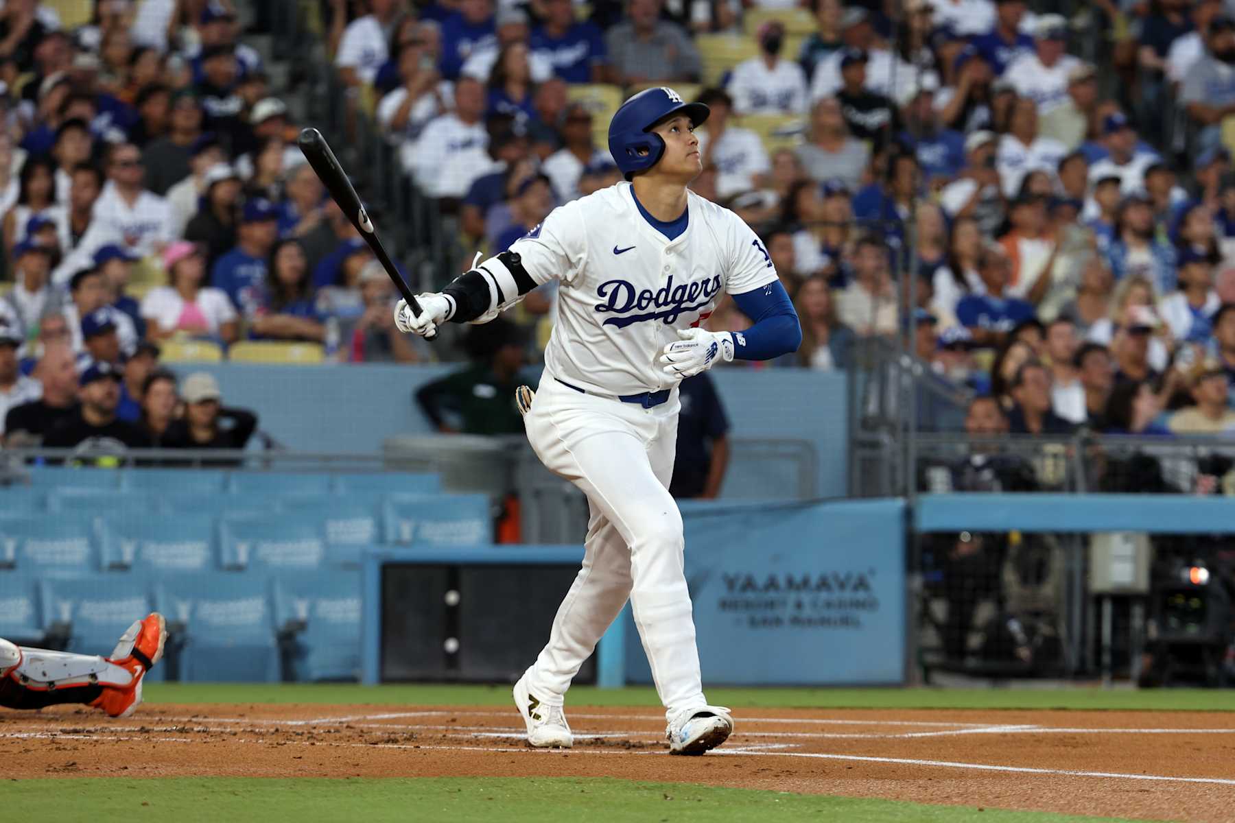 LOS ANGELES, CA - AUGUST 28:  Shohei Ohtani #17 of the Los Angeles Dodgers homers during the game against the Baltimore Orioles at Dodger Stadium on August 28, 2024 in Los Angeles, California. The Dodgers defeated the Orioles 6-4. (Photo by Rob Leiter/MLB Photos via Getty Images)
