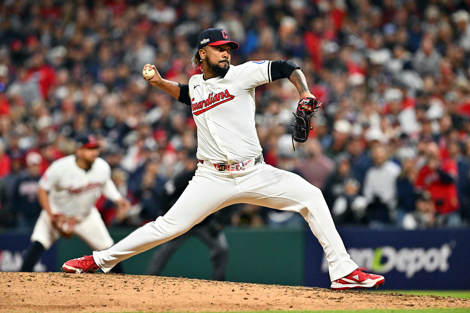 CLEVELAND, OHIO - OCTOBER 17: Emmanuel Clase #48 of the Cleveland Guardians throws a pitch during the eighth inning against the New York Yankees during Game Three of the American League Championship Series at Progressive Field on October 17, 2024 in Cleveland, Ohio. (Photo by Jason Miller/Getty Images)