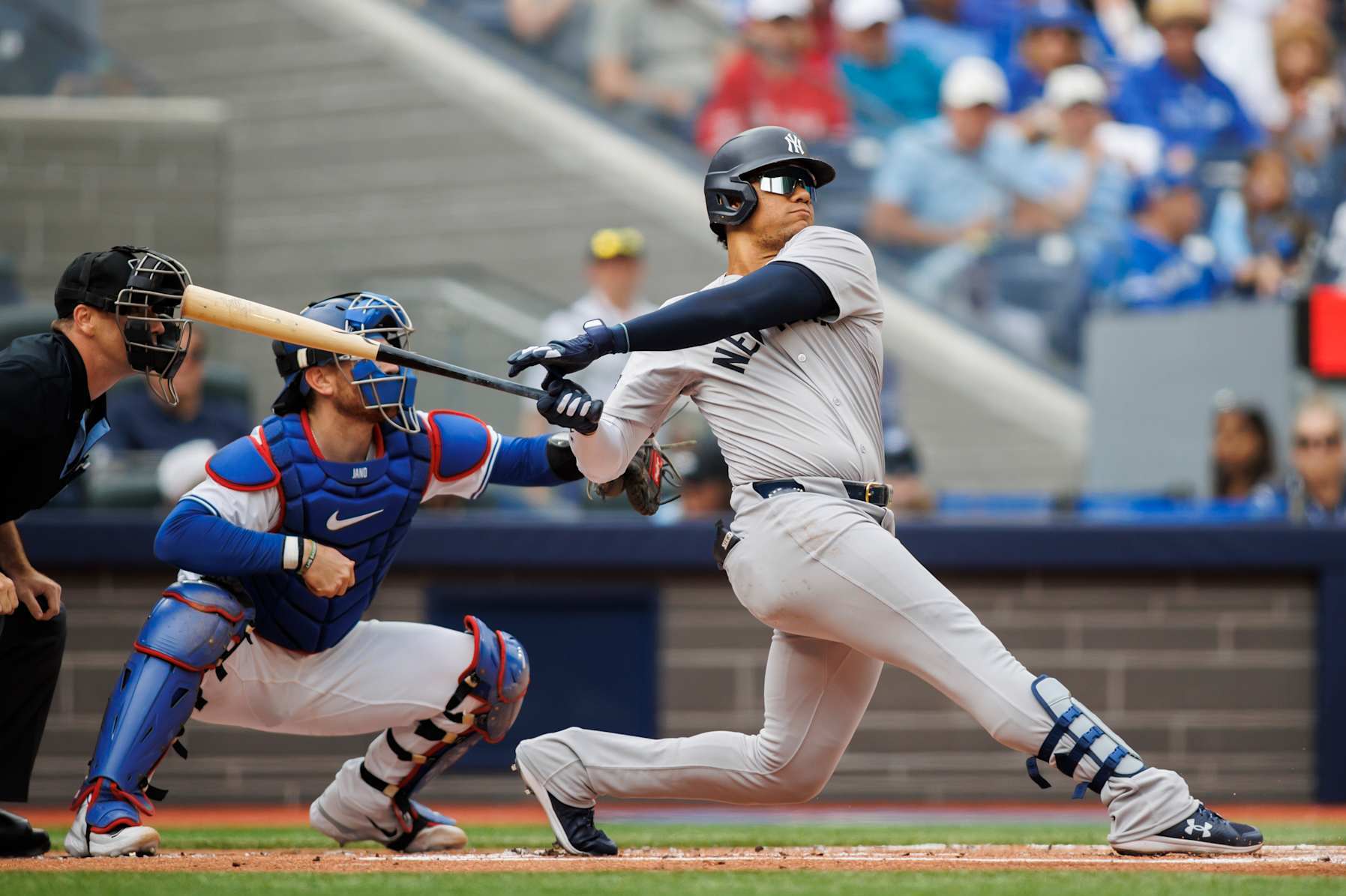 TORONTO, CANADA - JUNE 30: Juan Soto #22 of the New York Yankees in the first inning of their MLB game against the Toronto Blue Jays at Rogers Centre on June 30, 2024 in Toronto, Ontario, Canada. (Photo by Cole Burston/Getty Images)