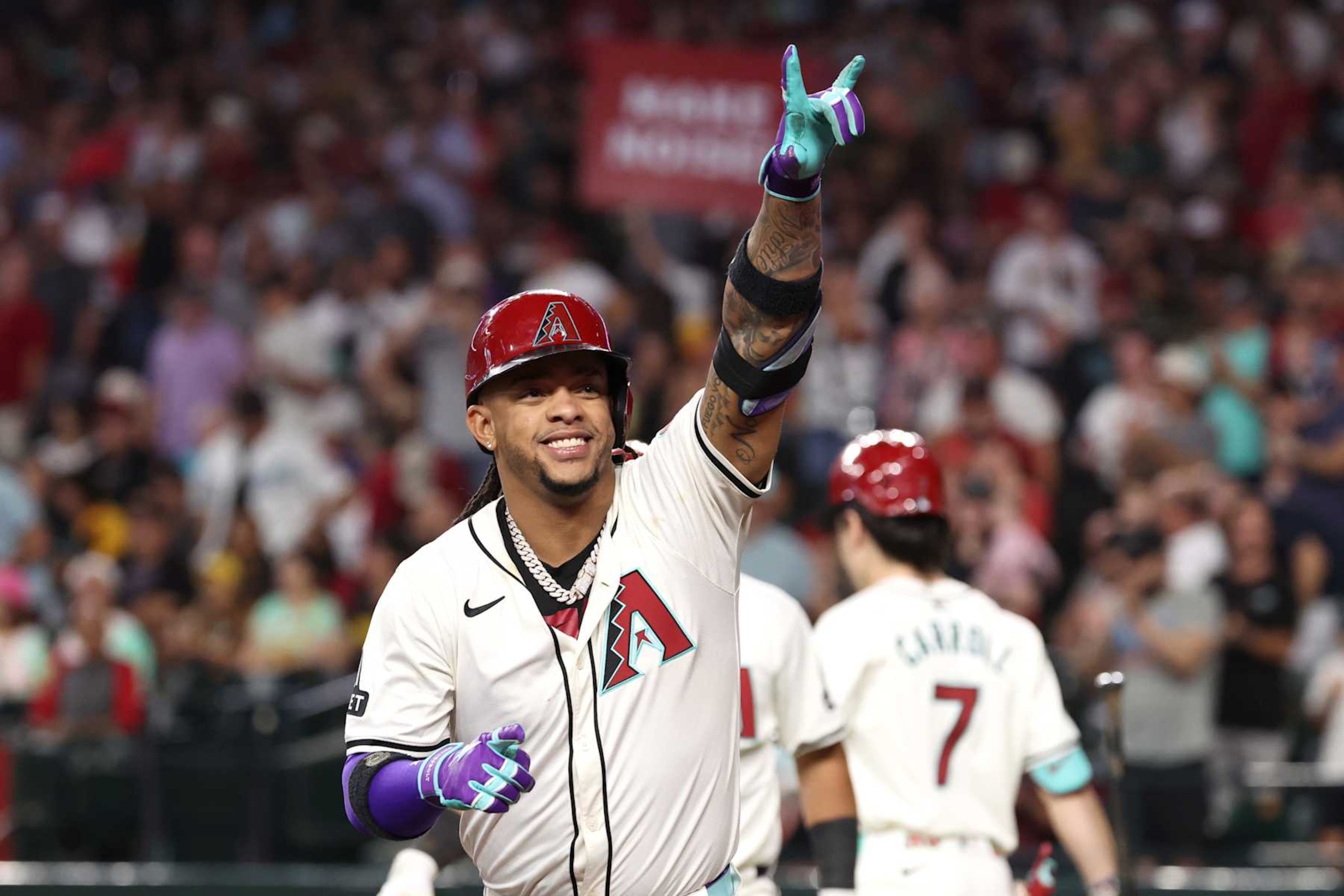 PHOENIX, ARIZONA - SEPTEMBER 29: Ketel Marte #4 of the Arizona Diamondbacks celebrates after hitting a two-run home run during the fourth inning against the San Diego Padres at Chase Field on September 29, 2024 in Phoenix, Arizona. (Photo by Chris Coduto/Getty Images) PHOENIX, ARIZONA - SEPTEMBER 29: Ketel Marte #4 of the Arizona Diamondbacks celebrates after hitting a two-run home run during the fourth inning against the San Diego Padres at Chase Field on September 29, 2024 in Phoenix, Arizona. (Photo by Chris Coduto/Getty Images)