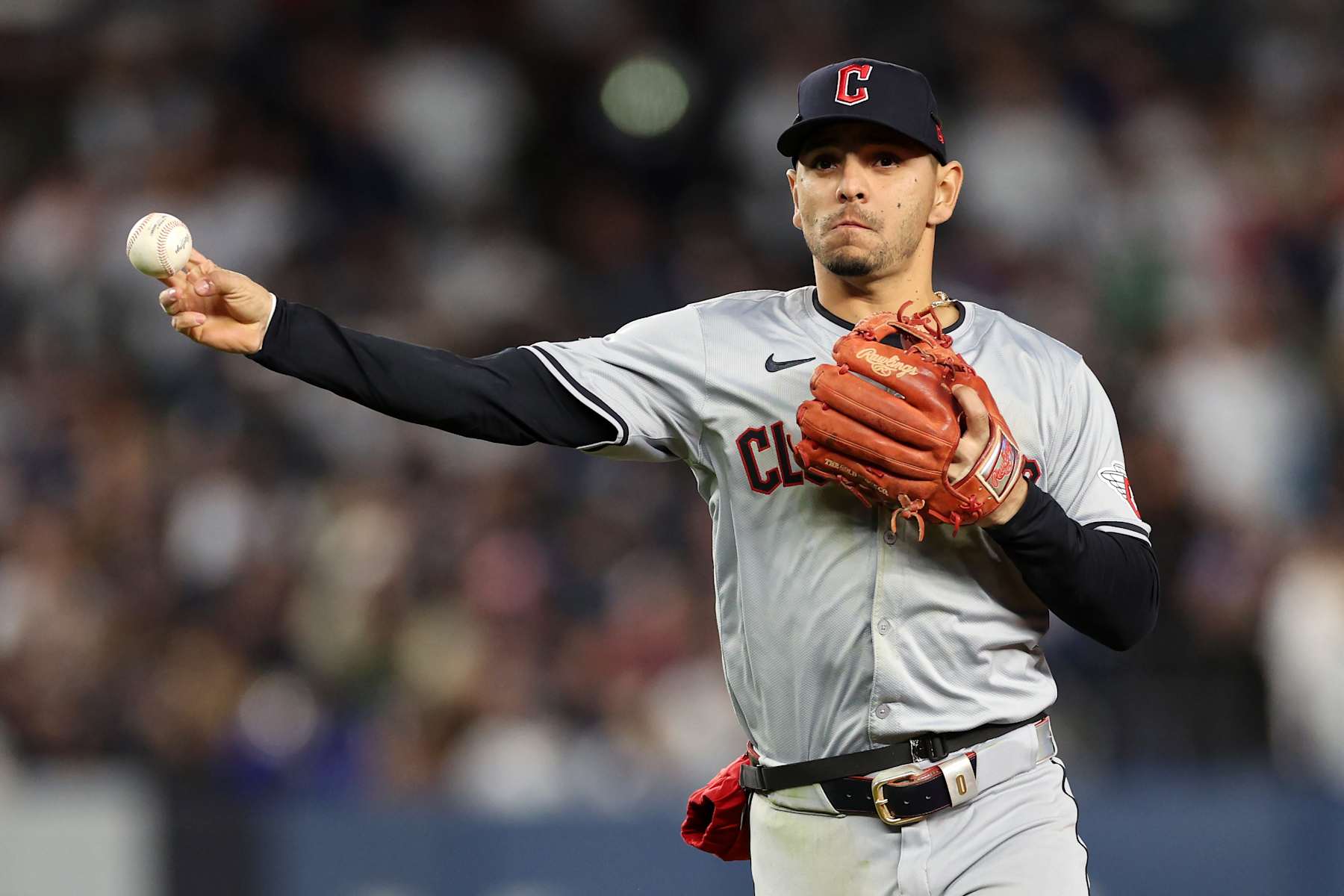 NEW YORK, NEW YORK - OCTOBER 15: Andrés Giménez #0 of the Cleveland Guardians fields a hit by Anthony Rizzo #48 of the New York Yankees for an out in the fourth inning during Game Two of the American League Championship Series at Yankee Stadium on October 15, 2024 in New York City. (Photo by Elsa/Getty Images)
