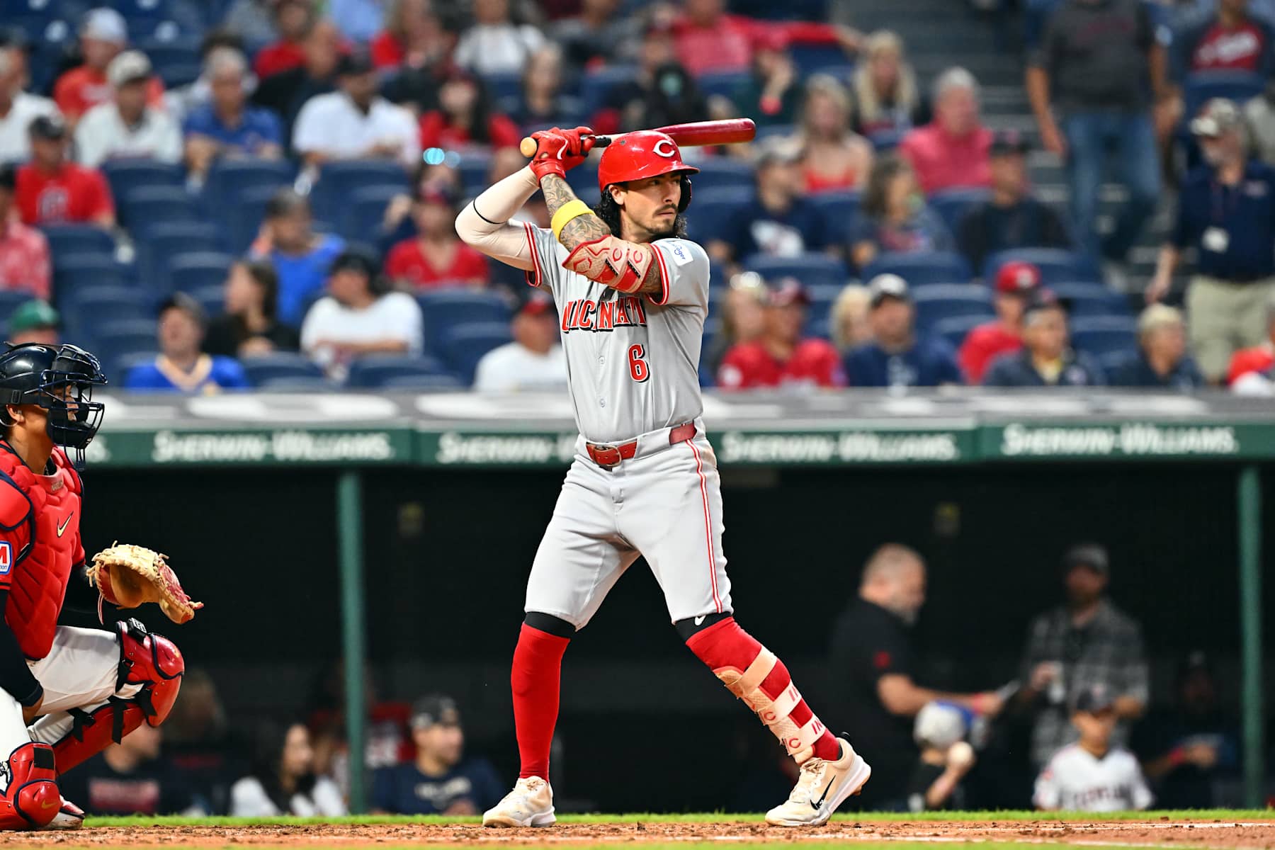 CLEVELAND, OHIO - SEPTEMBER 24: Jonathan India #6 of the Cincinnati Reds bats during the third inning against the Cleveland Guardians at Progressive Field on September 24, 2024 in Cleveland, Ohio. (Photo by Jason Miller/Getty Images)