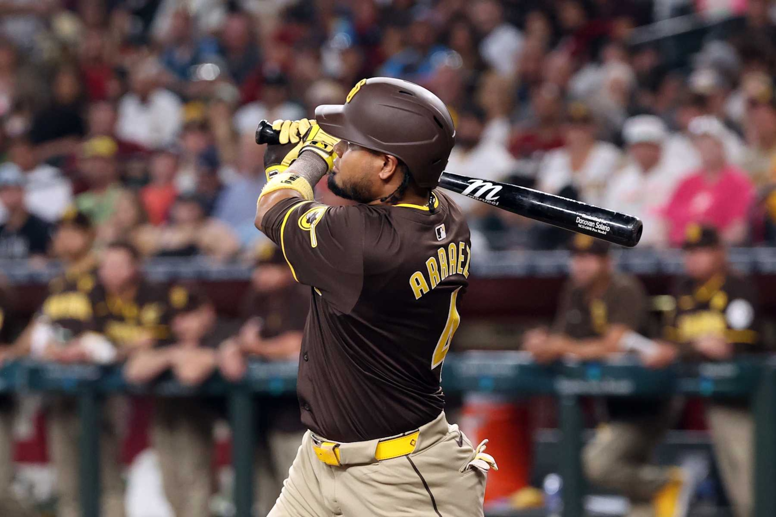 PHOENIX, ARIZONA - SEPTEMBER 29: Luis Arraez #4 of the San Diego Padres hits a double during the sixth inning against the Arizona Diamondbacks at Chase Field on September 29, 2024 in Phoenix, Arizona. This was Arraez's 200th hit of the season. The Diamondbacks defeated the Padres 11-2. (Photo by Chris Coduto/Getty Images) PHOENIX, ARIZONA - SEPTEMBER 29: Luis Arraez #4 of the San Diego Padres hits a double during the sixth inning against the Arizona Diamondbacks at Chase Field on September 29, 2024 in Phoenix, Arizona. This was Arraez's 200th hit of the season. The Diamondbacks defeated the Padres 11-2. (Photo by Chris Coduto/Getty Images)