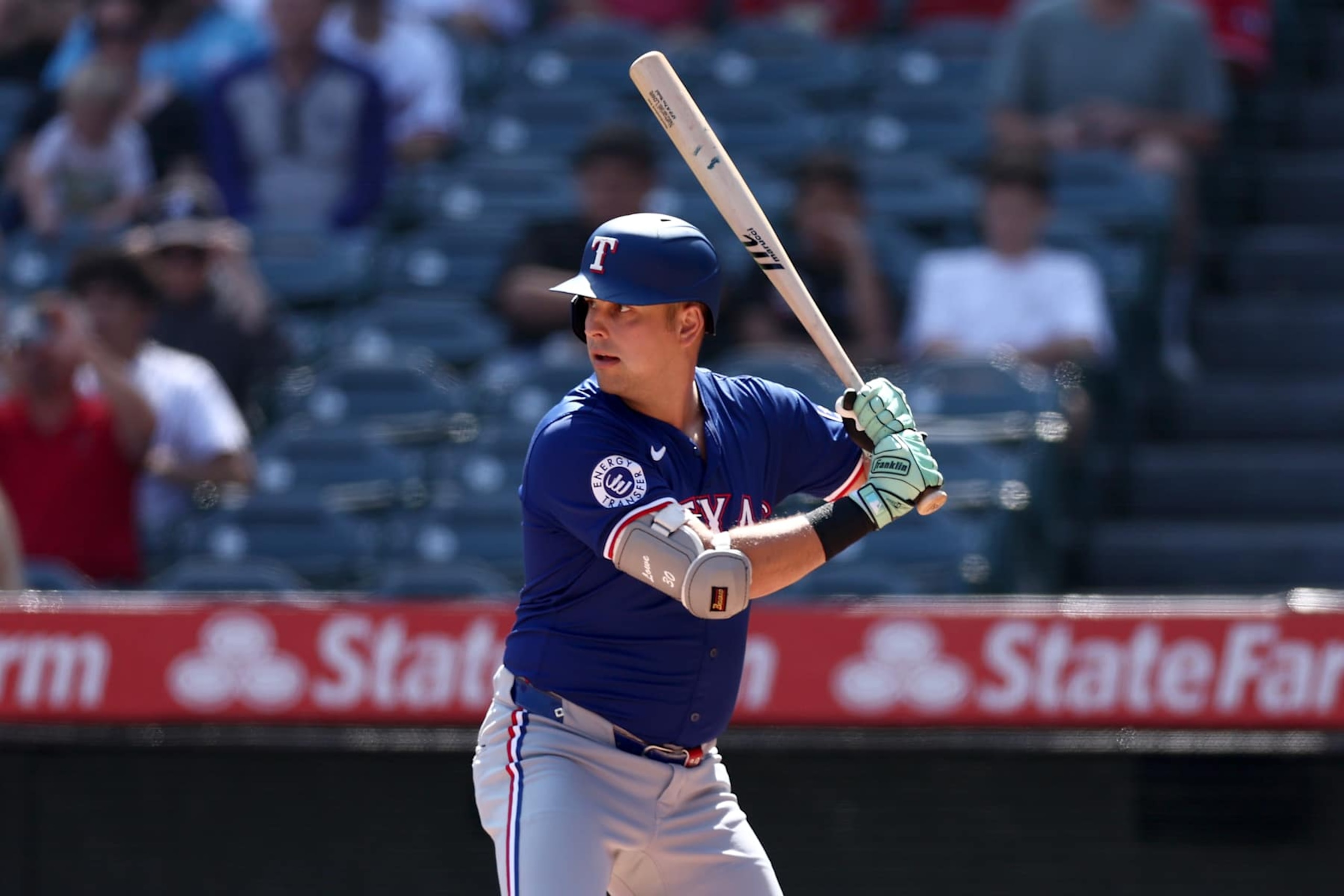 ANAHEIM, CALIFORNIA - SEPTEMBER 29: Nathaniel Lowe #30 of the Texas Rangers at bat during the first inning against the Los Angeles Angels at Angel Stadium of Anaheim on September 29, 2024 in Anaheim, California. (Photo by Katelyn Mulcahy/Getty Images) ANAHEIM, CALIFORNIA - SEPTEMBER 29: Nathaniel Lowe #30 of the Texas Rangers at bat during the first inning against the Los Angeles Angels at Angel Stadium of Anaheim on September 29, 2024 in Anaheim, California. (Photo by Katelyn Mulcahy/Getty Images)