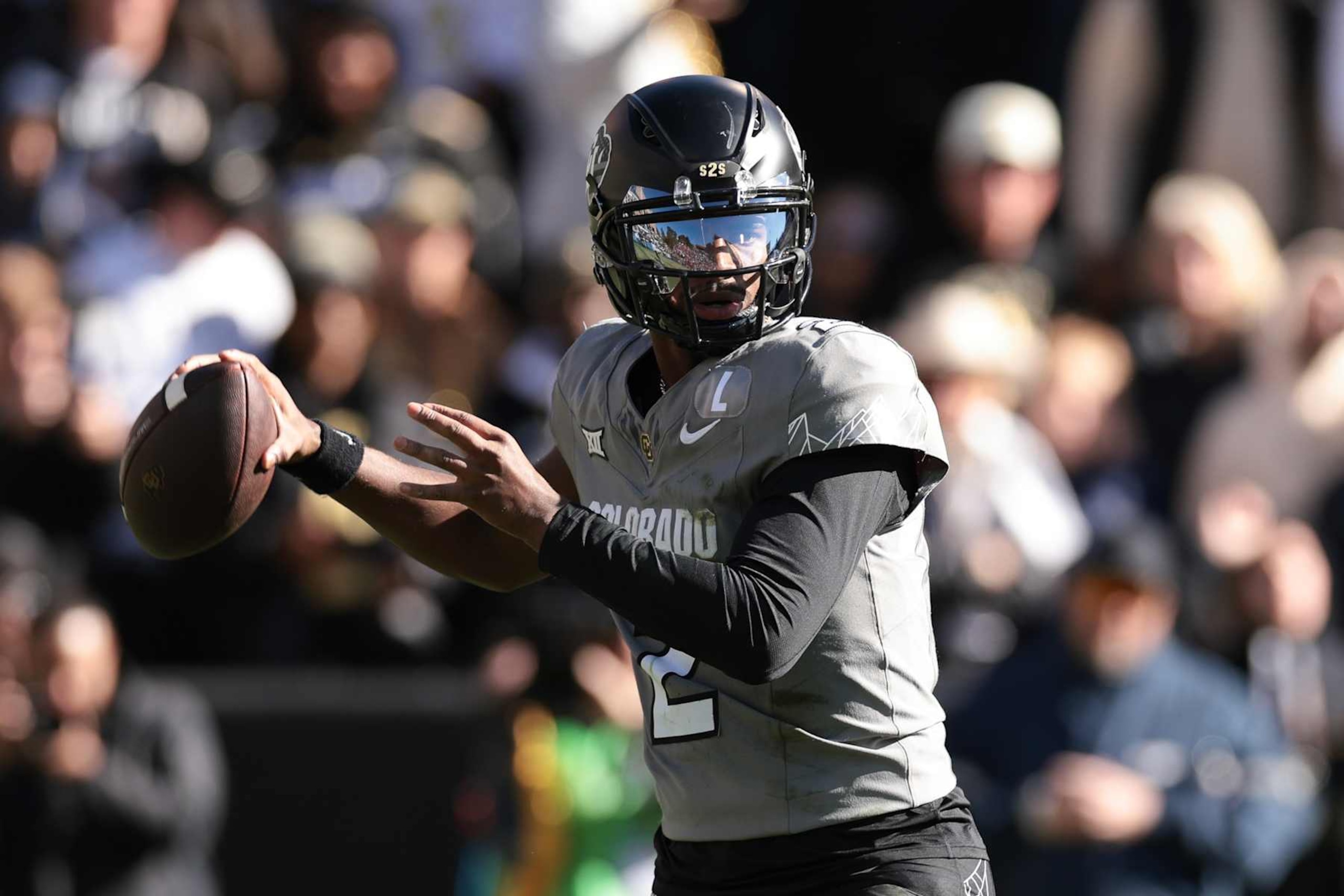 BOULDER, COLORADO - NOVEMBER 16: Shedeur Sanders #2 of Colorado Buffaloes throws a pass during the second quarter against the Utah Utes at Folsom Field on November 16, 2024 in Boulder, Colorado. (Photo by Andrew Wevers/Getty Images)