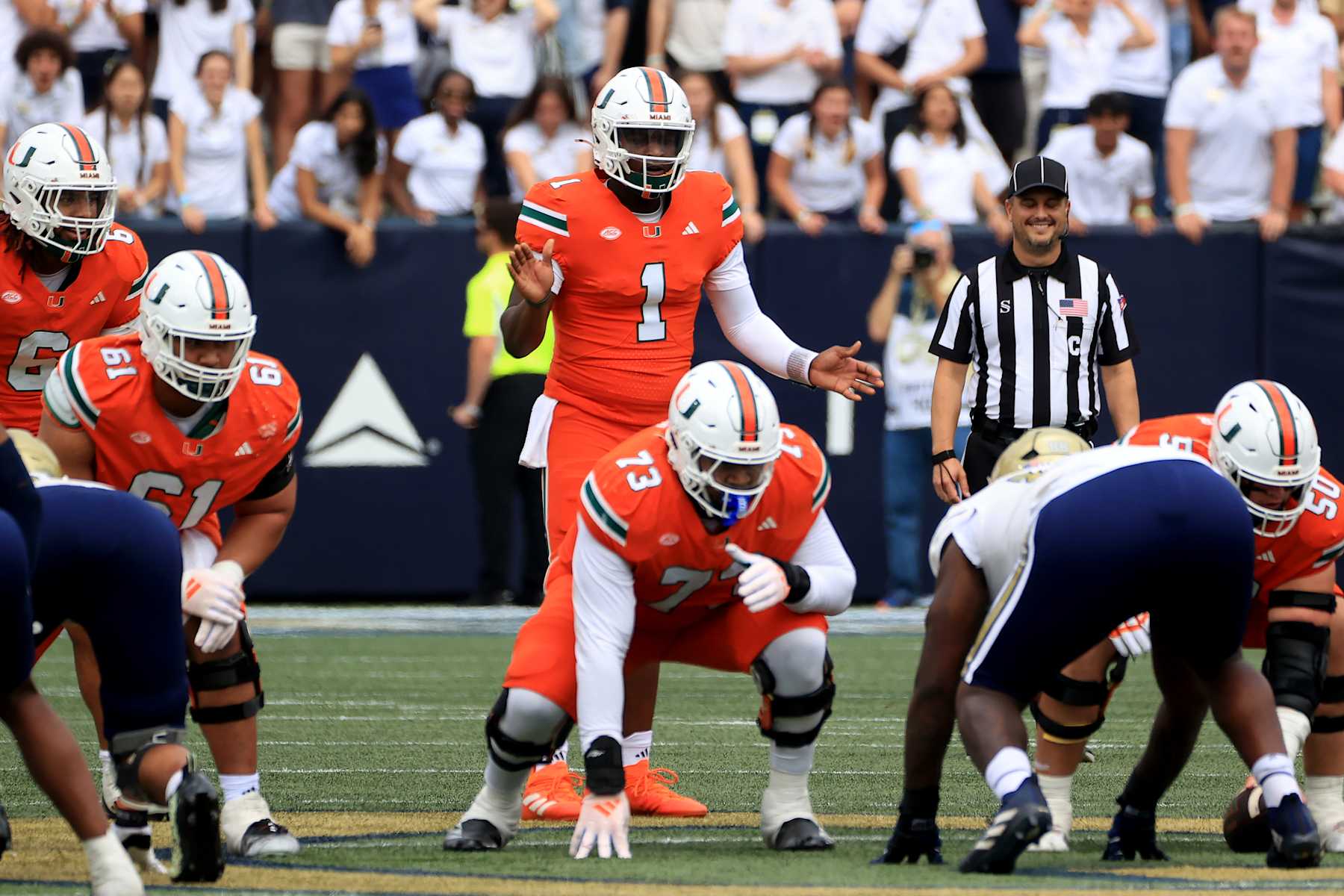 ATLANTA, GA - NOVEMBER 09: Miami Hurricanes starting quarterback Cam Ward #1 calls out the snap count during the Saturday afternoon college football game between the Miami Hurricanes and the Georgia Tech Yellow Jackets on November 9, 2024 at Bobby Dodd Stadium in Atlanta, GA.  (Photo by David J. Griffin/Icon Sportswire via Getty Images)