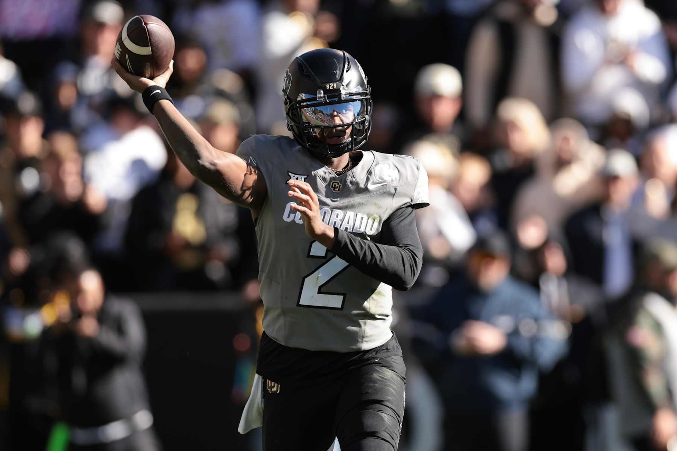 BOULDER, COLORADO - NOVEMBER 16: Shedeur Sanders #2 of Colorado Buffaloes throws a pass during the second quarter against the Utah Utes at Folsom Field on November 16, 2024 in Boulder, Colorado. (Photo by Andrew Wevers/Getty Images)