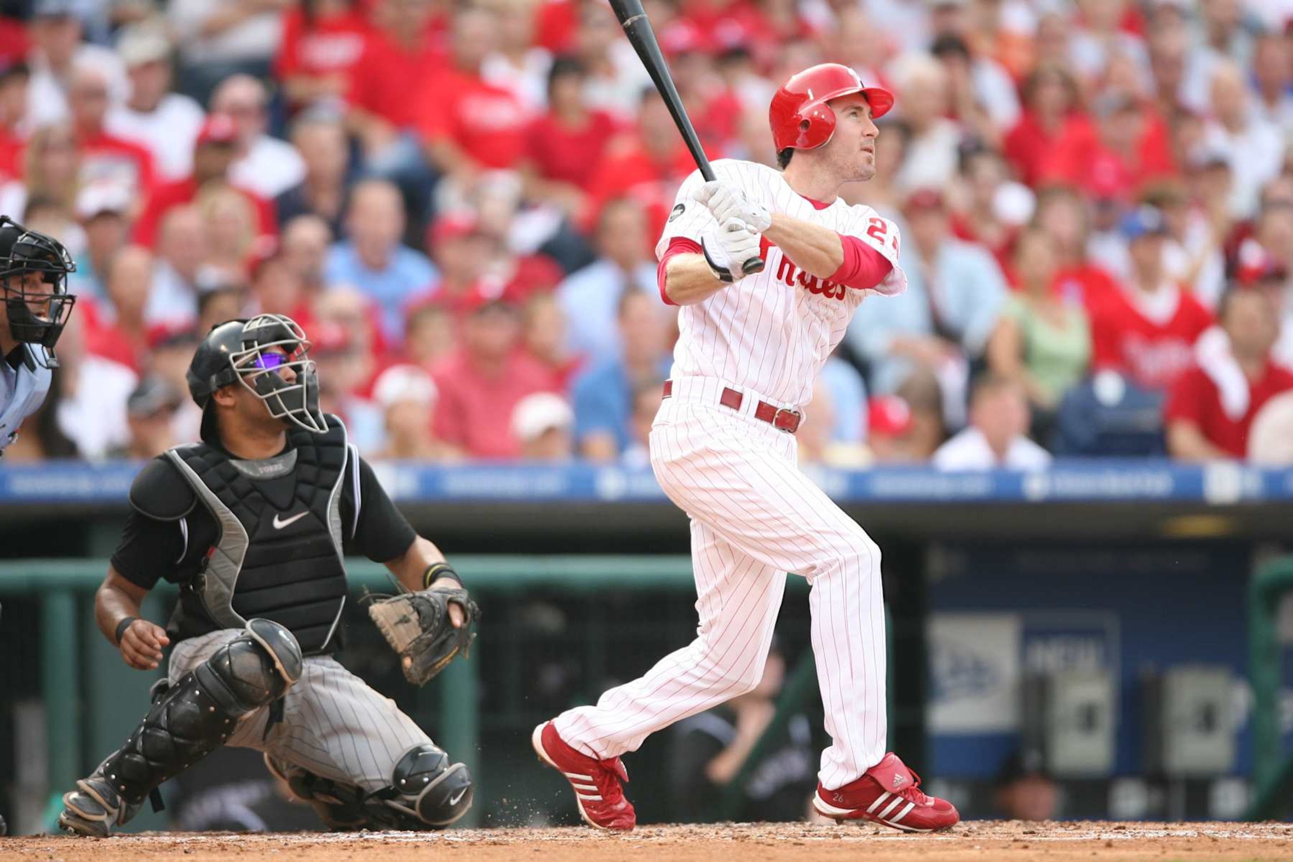 PHILADELPHIA - OCTOBER 4.  Chase Utley of the Philadelphia Phillies bats during the National League Division Series Game 2 against the Colorado Rockies at Citizens Bank Park in Philadelphia, Pennsylvania on October 4, 2007.  The Rockies defeated the Phillies 10-5.  (Photo by Rich Pilling/MLB via Getty Images) 