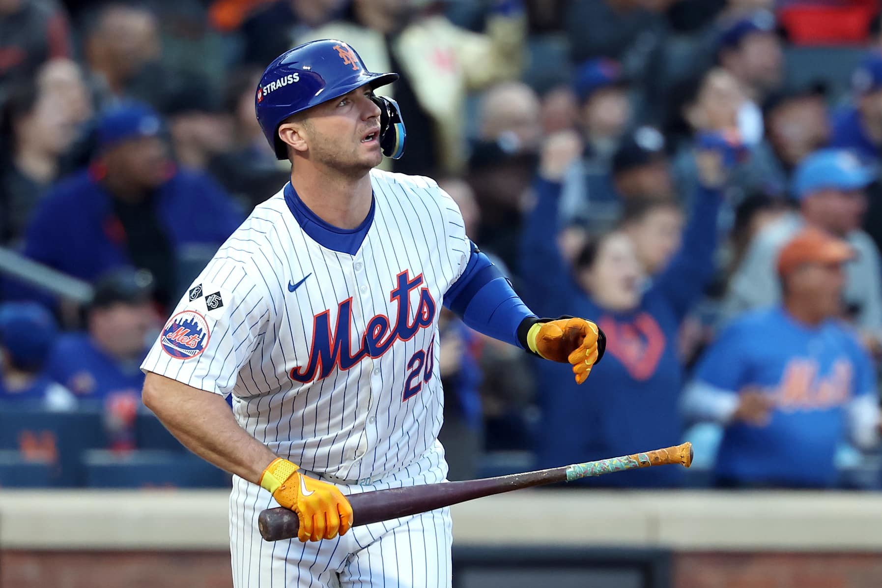 NEW YORK, NEW YORK - OCTOBER 18: Pete Alonso #20 of the New York Mets watches after hitting a three-run home run in the first inning against the Los Angeles Dodgers during Game Five of the National League Championship Series at Citi Field on October 18, 2024 in New York City. (Photo by Al Bello/Getty Images)
