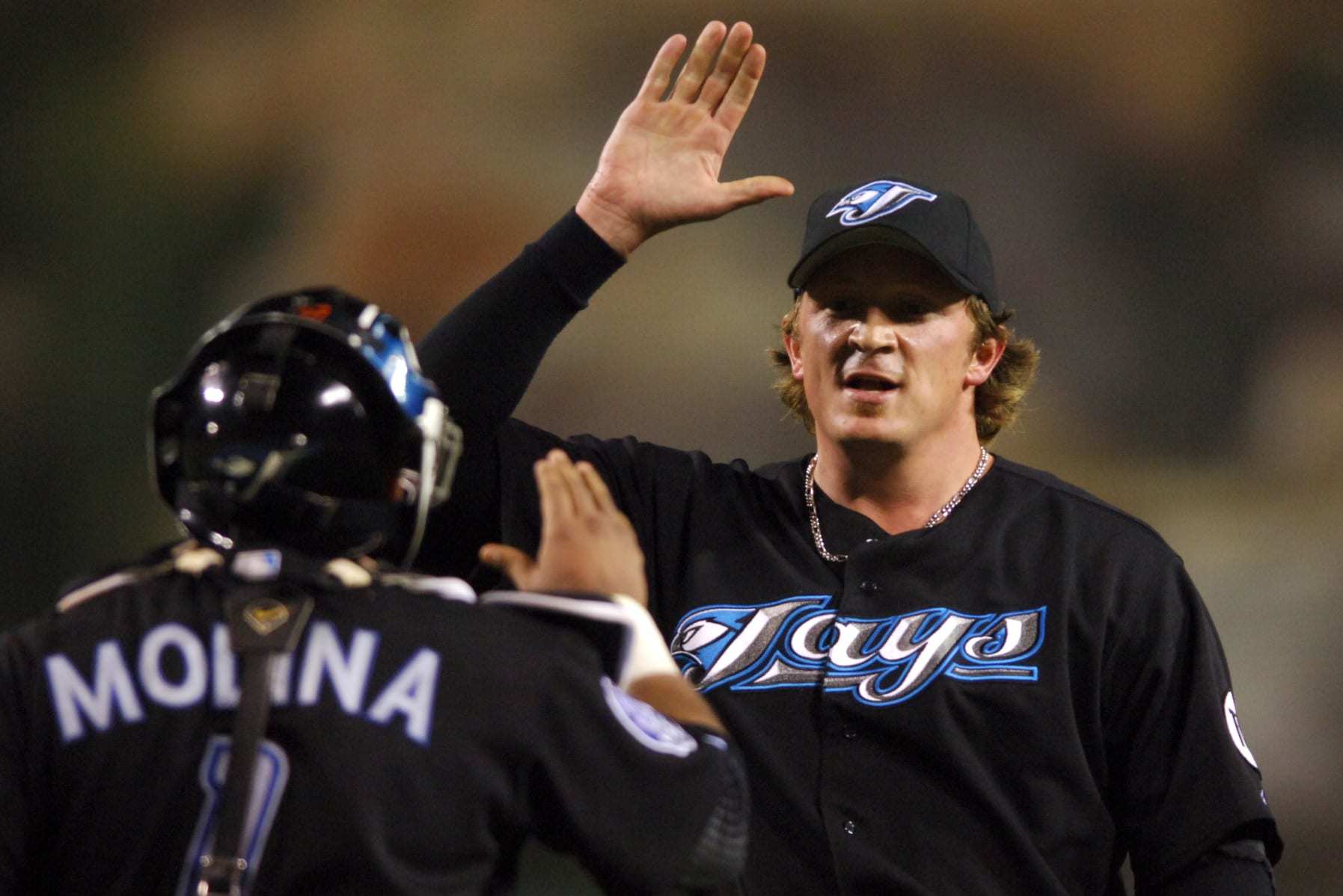 Toronto Blue Jays reliever B.J. Ryan is congratulated by catcher Bengie Molina after the final out of during their 3-0 victory over the Los Angeles Angels of Anahiem at Angel Stadium in Anahiem, Calif. on Wednesday, May 17, 2006. (Photo by Kirby Lee/Getty Images)