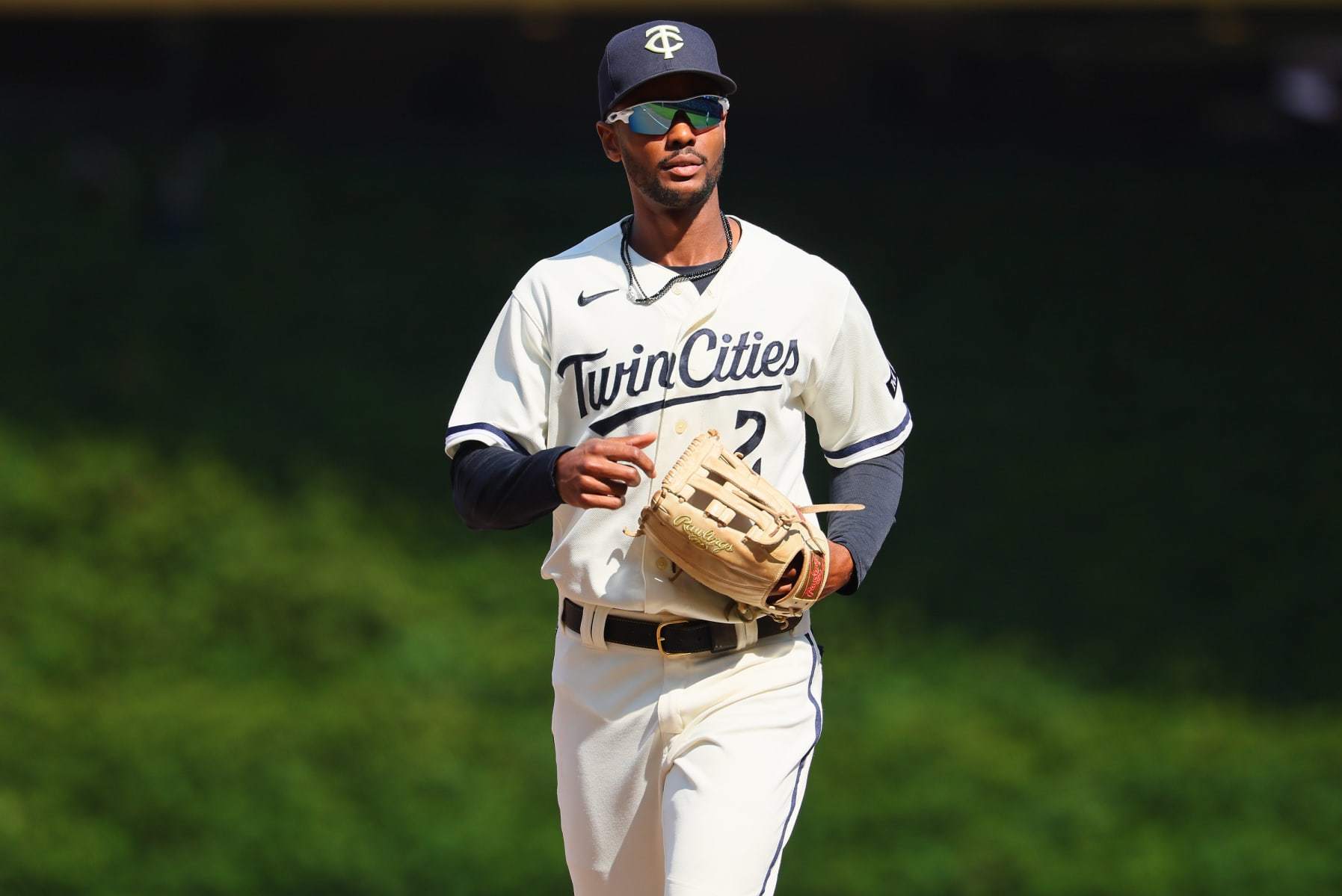 MINNEAPOLIS, MINNESOTA - AUGUST 30: Michael A. Taylor #2 of the Minnesota Twins walks off the field in the tenth inning against the Cleveland Guardians at Target Field on August 30, 2023 in Minneapolis, Minnesota. The Cleveland Guardians defeated the Minnesota Twins 5-2 in ten innings.(Photo by Adam Bettcher/Getty Images)