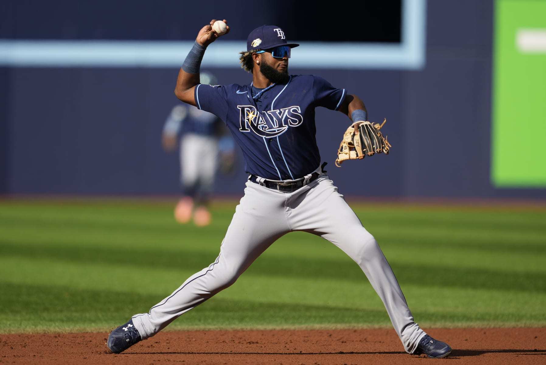 TORONTO, ON - OCTOBER 1: Junior Caminero #1 of the Tampa Bay Rays fields a ball against the Toronto Blue Jays during the first inning in their MLB game at the Rogers Centre on October 1, 2023 in Toronto, Ontario, Canada. (Photo by Mark Blinch/Getty Images)