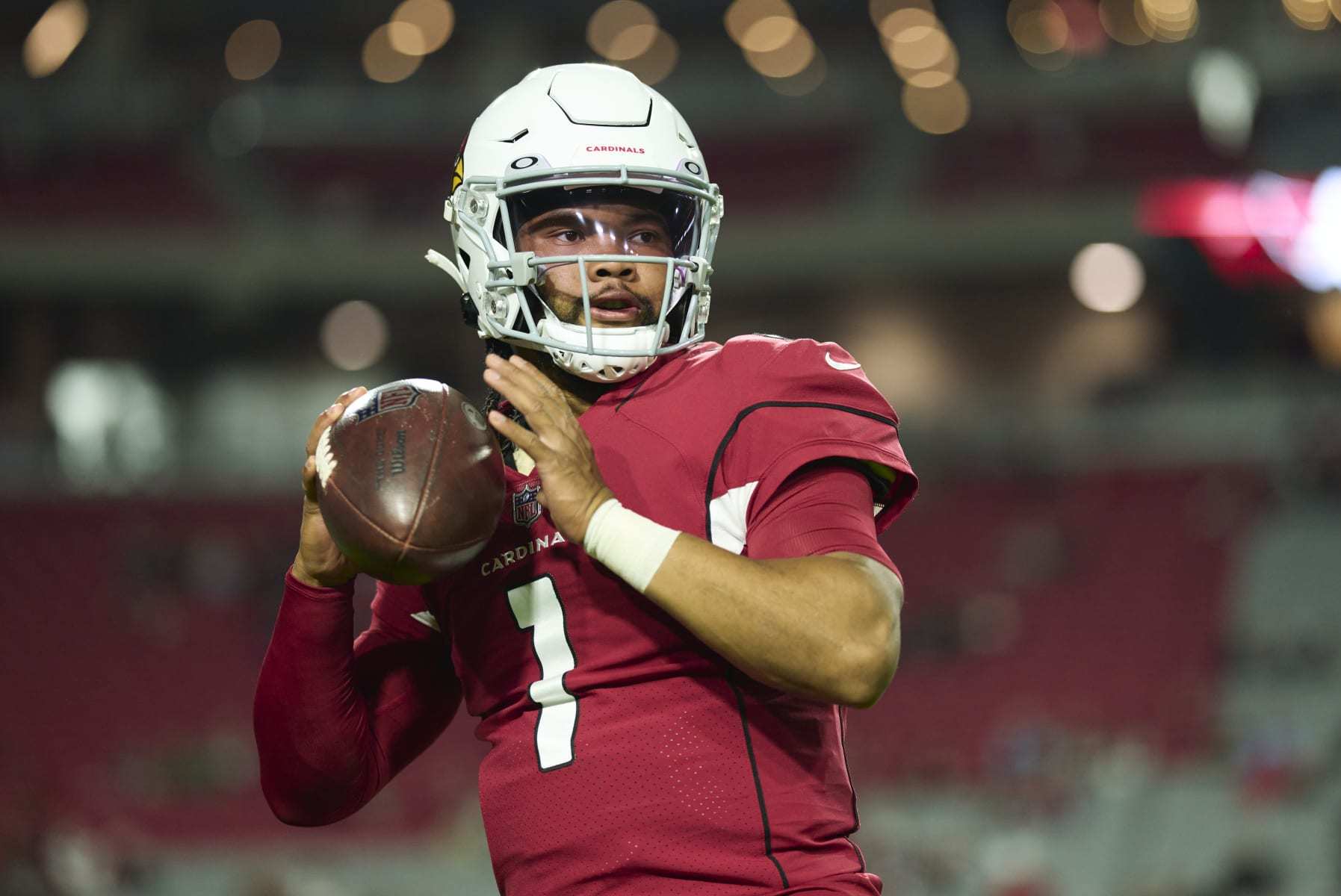 GLENDALE, AZ - DECEMBER 12: Kyler Murray #1 of the Arizona Cardinals warms up before kickoff against the New England Patriots at State Farm Stadium on December 12, 2022 in Glendale, Arizona. (Photo by Cooper Neill/Getty Images)