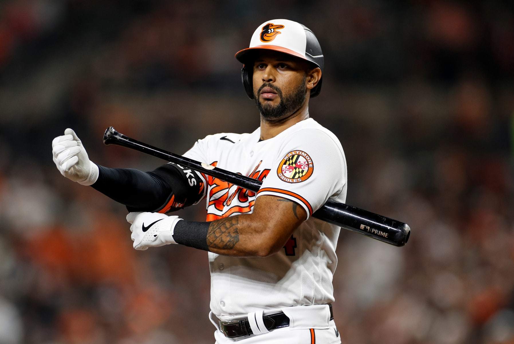 BALTIMORE, MARYLAND - SEPTEMBER 28: Aaron Hicks #34 of the Baltimore Orioles walks up to the batters box against the Boston Red Sox at Oriole Park at Camden Yards on September 28, 2023 in Baltimore, Maryland. (Photo by Brandon Sloter/Image Of Sport/Getty Images)