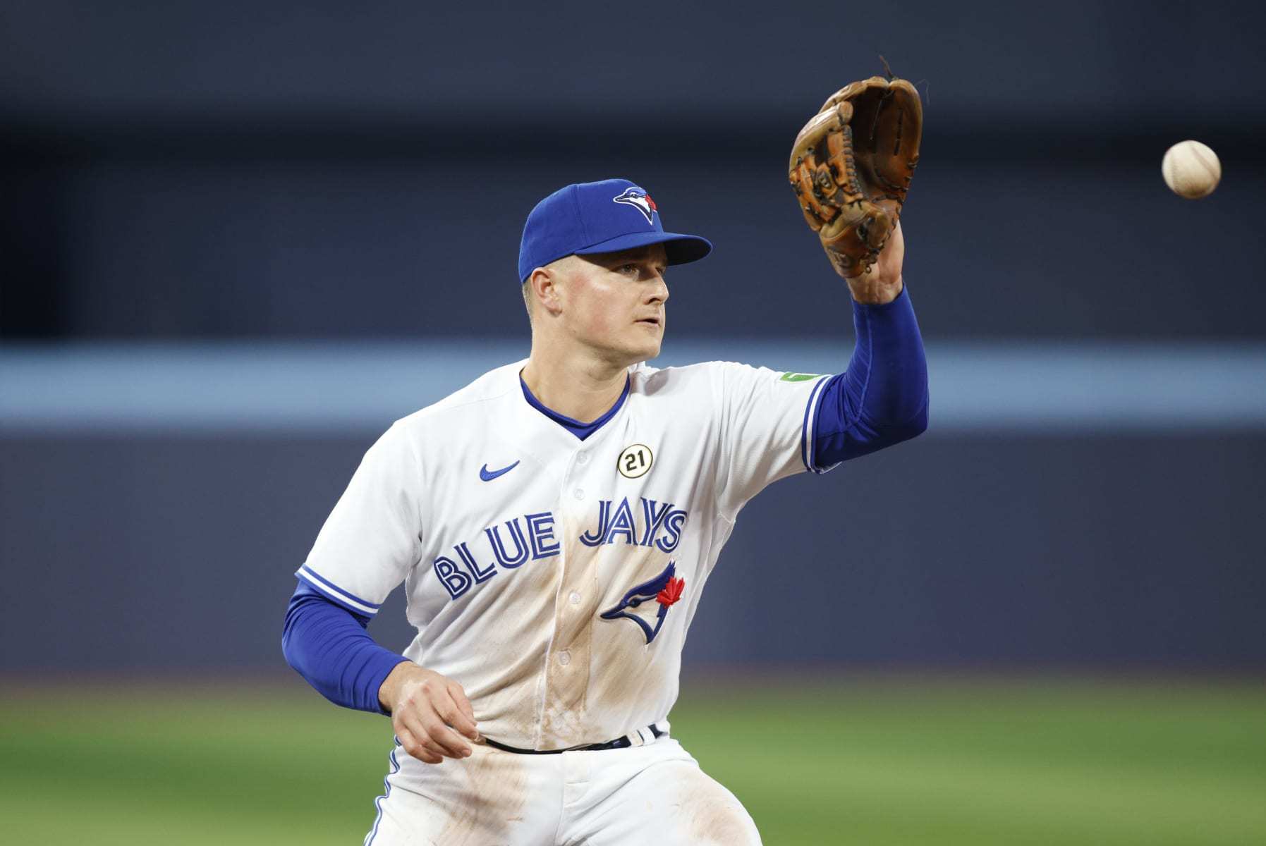 TORONTO, CANADA - SEPTEMBER 15: Matt Chapman #26 of the Toronto Blue Jays makes a play on a ball during their MLB game against the Boston Red Sox at Rogers Centre on September 15, 2023 in Toronto, Canada. (Photo by Cole Burston/Getty Images)