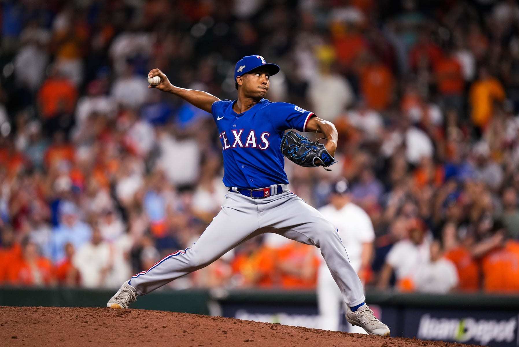 HOUSTON, TX - OCTOBER 23: Jose Leclerc #25 of the Texas Rangers delivers a pitch during Game Seven of the American League Championship Series against the Houston Astros at Minute Maid Park on October 23, 2023 in Houston, Texas. (Photo by Bailey Orr/Texas Rangers/Getty Images)