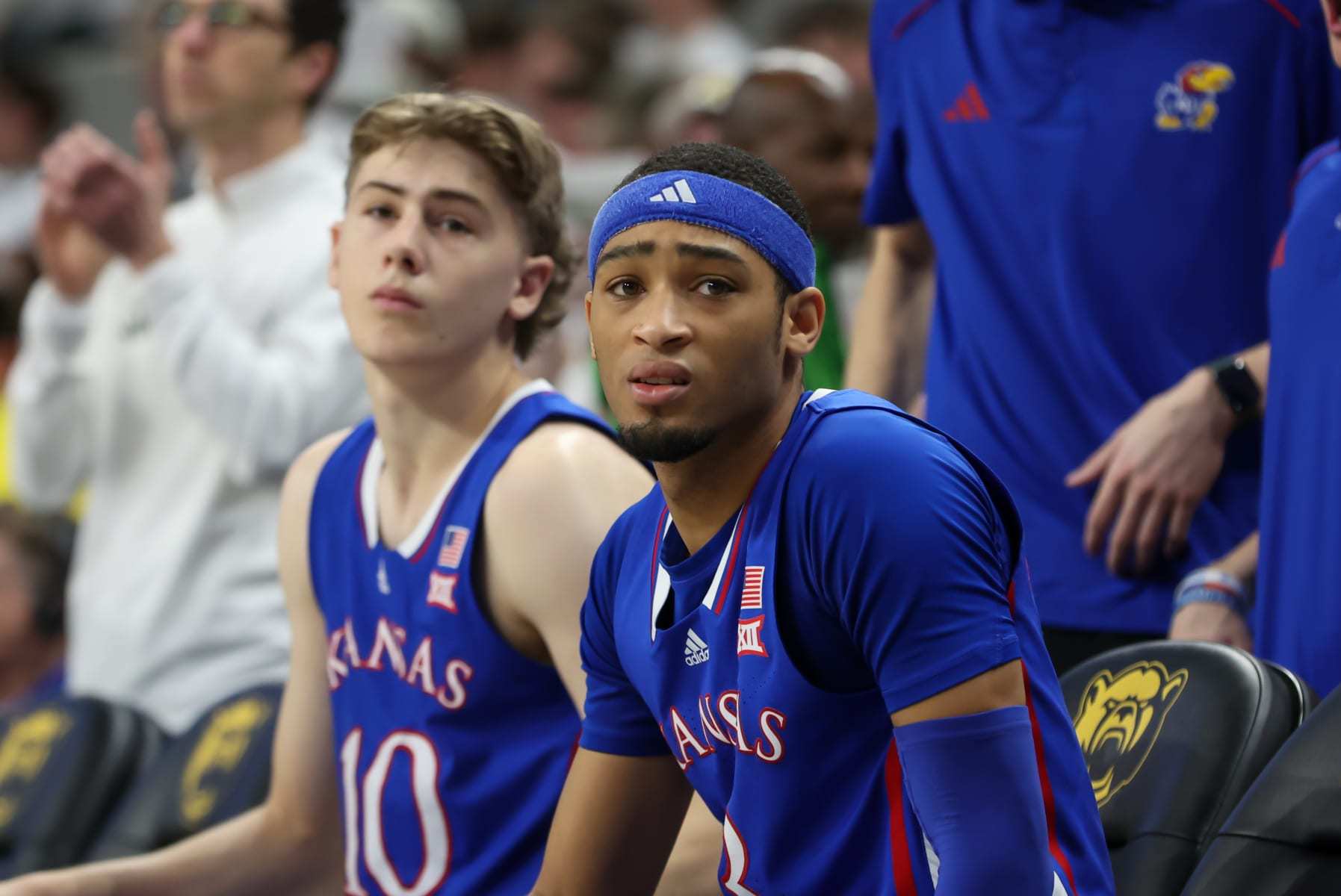 WACO, TX - MARCH 02: Kansas Jayhawks guard Dajuan Harris Jr. (3) sits on the bench while starting lineups are announced before the Big 12 college basketball game between Baylor Bears and Kansas Jayhawks on March 2, 2024, at Foster Pavilion in Waco, TX. (Photo by David Buono/Icon Sportswire via Getty Images)