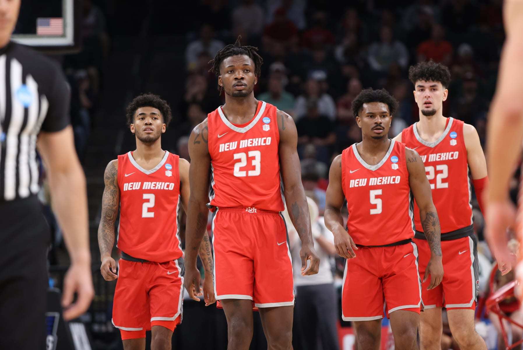MEMPHIS, TENNESSEE - MARCH 22: Donovan Dent #2 , Nelly Junior Joseph #23, Jamal Mashburn Jr. #5, and Mustapha Amzil #22 of the New Mexico Lobos walk on the court during the first round of the 2024 NCAA Men's Basketball Tournament held at FedExForum on March 22, 2024 in Memphis, Tennessee. (Photo by Joe Murphy/NCAA Photos via Getty Images)