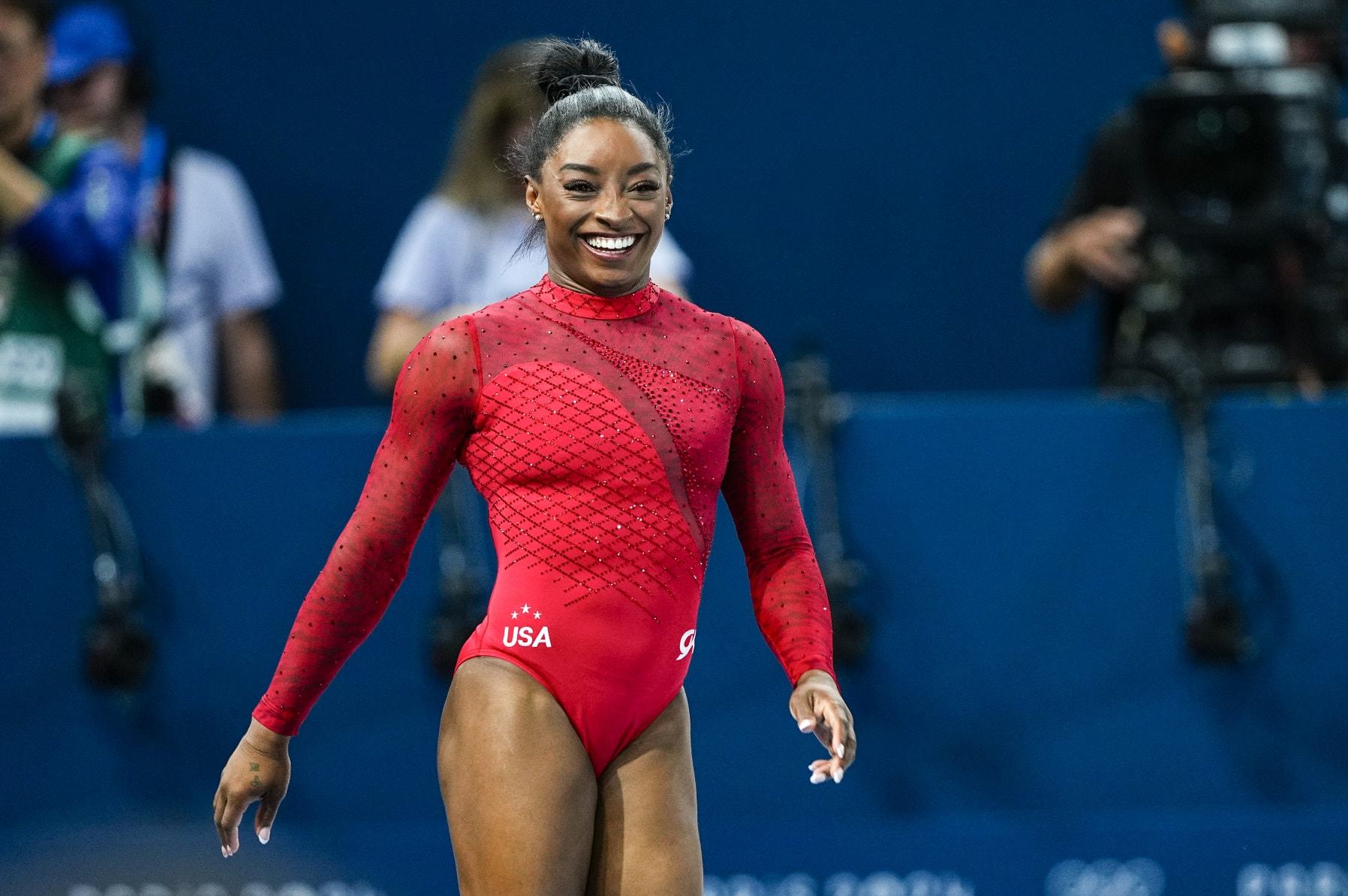 PARIS, FRANCE - AUGUST 03: Simone Biles of United States reacts during the Artistic Gymnastics Women's Vault Final on Bercy Arena during the Paris 2024 Olympics Games on August 3, 2024 in Paris, France. (Photo By Oscar Barroso/Europa Press via Getty Images)