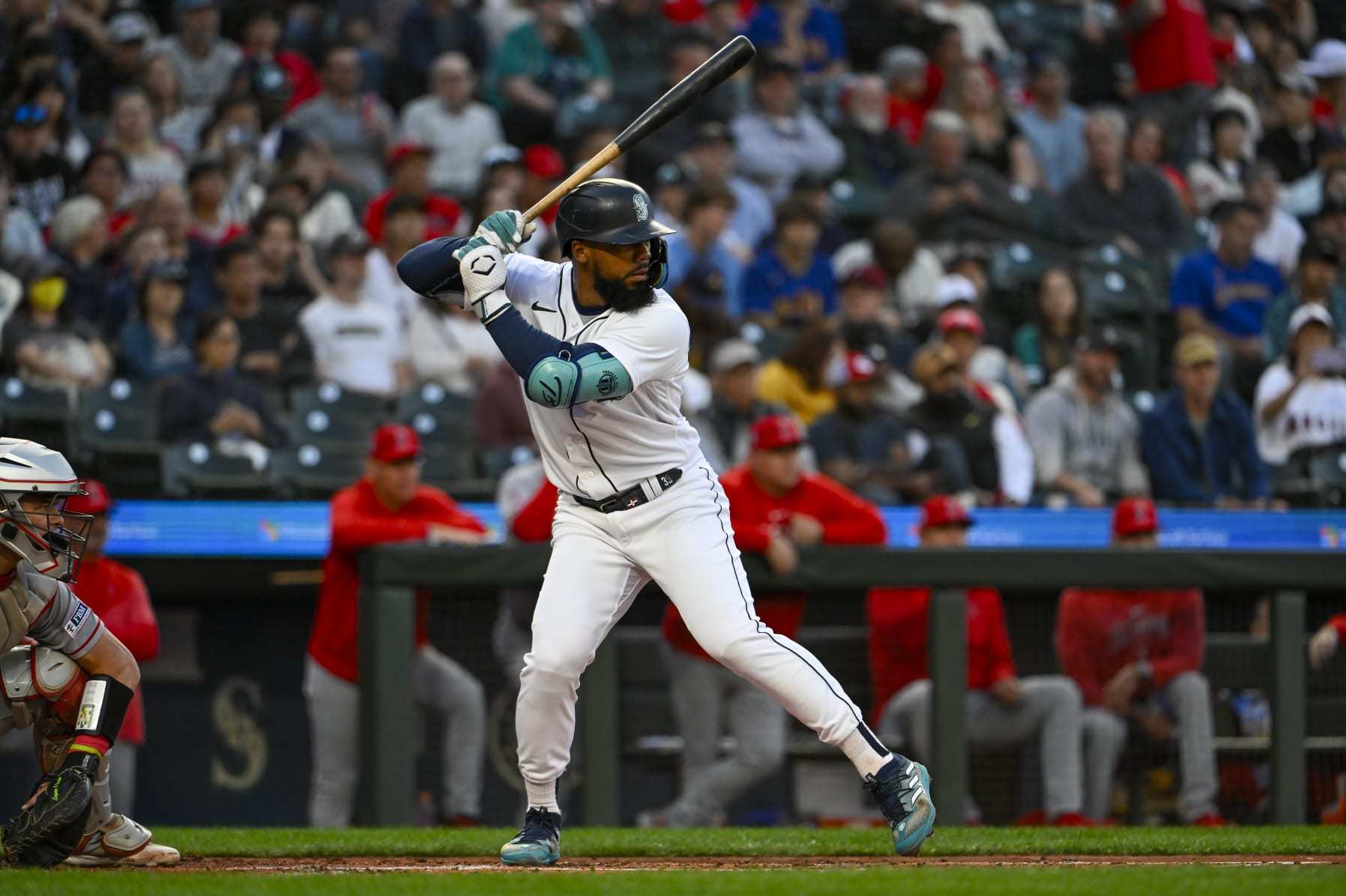 SEATTLE, WA - SEPTEMBER 11: Teoscar Hernandez #35 of the Seattle Mariners bats during the game between the Los Angeles Angels and the Seattle Mariners at T-Mobile Park on Monday, September 11, 2023 in Seattle, Washington. (Photo by Alika Jenner/MLB Photos via Getty Images)