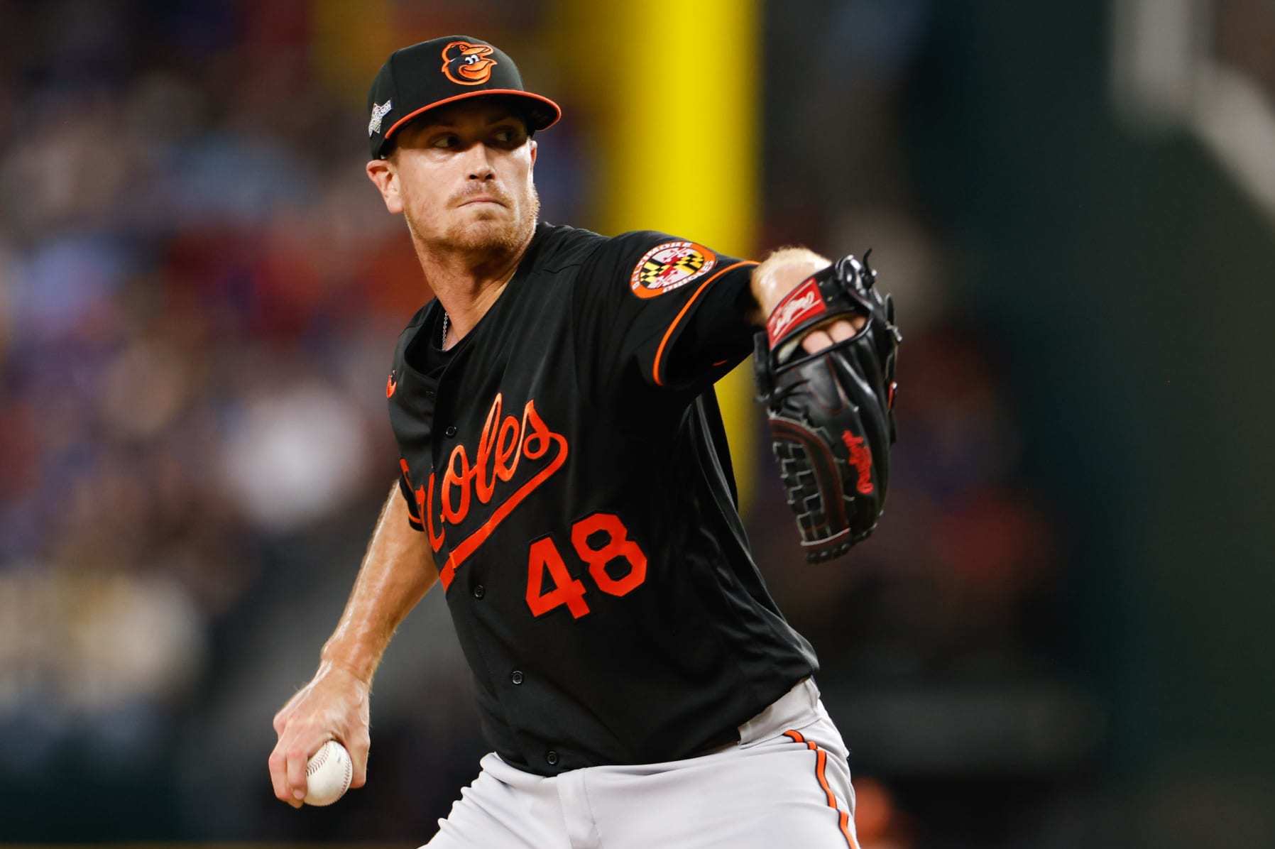 ARLINGTON, TX - OCTOBER 10: Kyle Gibson #48 of the Baltimore Orioles pitches during Game 3 of the Division Series between the Baltimore Orioles and the Texas Rangers at Globe Life Field on Tuesday, October 10, 2023 in Arlington, Texas. (Photo by Ron Jenkins/MLB Photos via Getty Images)