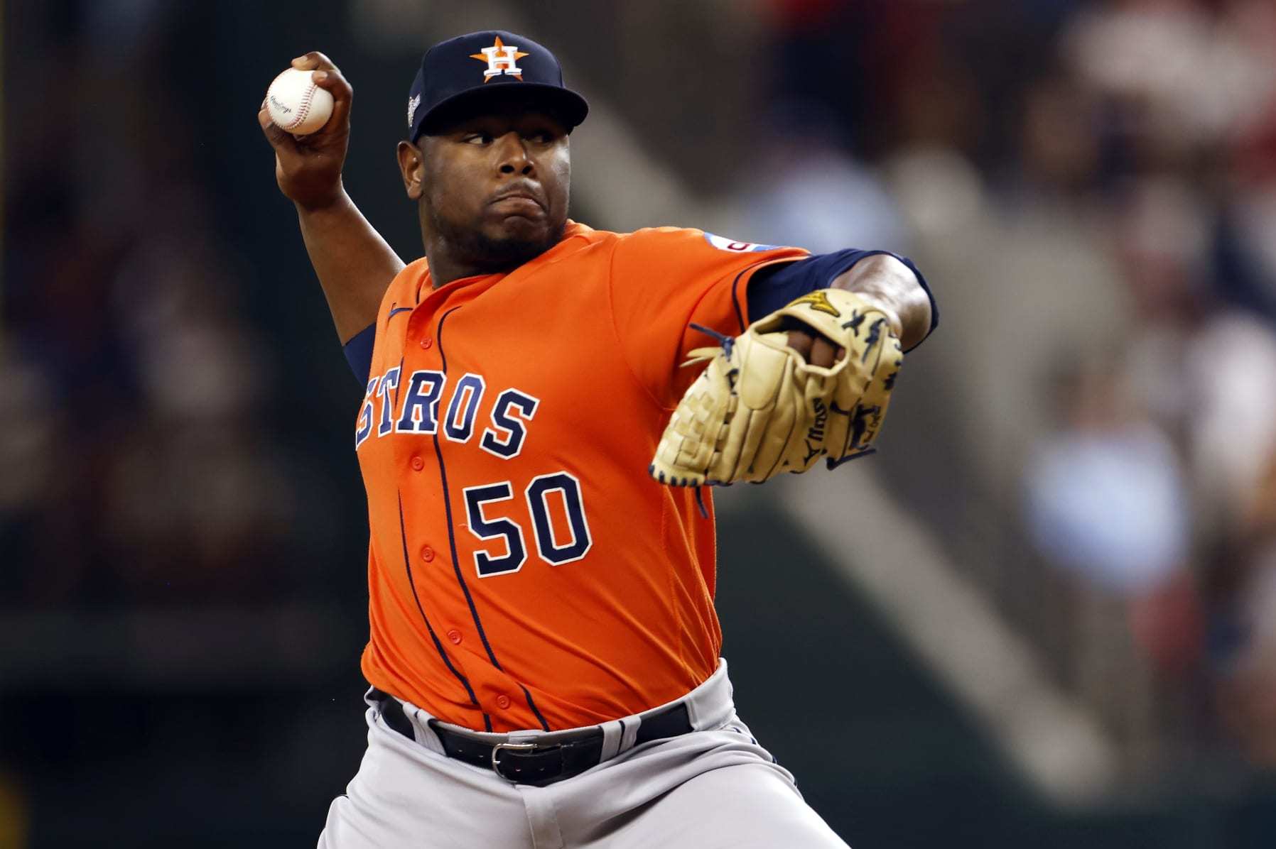 ARLINGTON, TX - OCTOBER 20: Hector Neris #50 of the Houston Astros pitches in the sixth inning during Game 5 of the ALCS between the Houston Astros and the Texas Rangers at Globe Life Field on Friday, October 20, 2023 in Arlington, Texas. (Photo by Ron Jenkins/MLB Photos via Getty Images)