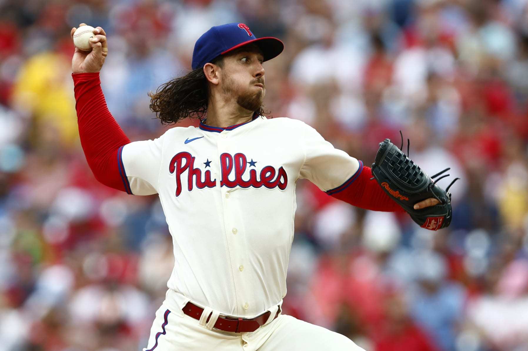 PHILADELPHIA, PENNSYLVANIA - AUGUST 23: Michael Lorenzen #22 of the Philadelphia Phillies in action against the San Francisco Giants during a game at Citizens Bank Park on August 23, 2023 in Philadelphia, Pennsylvania. (Photo by Rich Schultz/Getty Images)