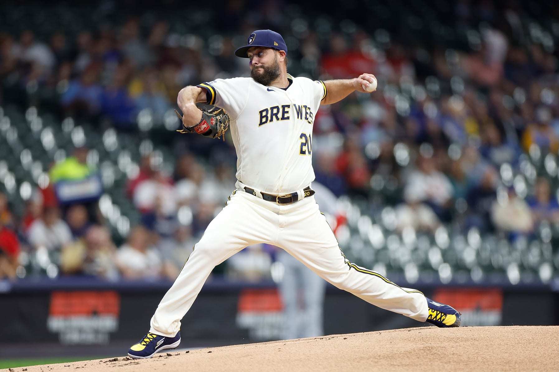 MILWAUKEE, WISCONSIN - SEPTEMBER 27: Wade Miley #20 of the Milwaukee Brewers throws a pitch in the first inning against the St. Louis Cardinals at American Family Field on September 27, 2023 in Milwaukee, Wisconsin. (Photo by John Fisher/Getty Images)