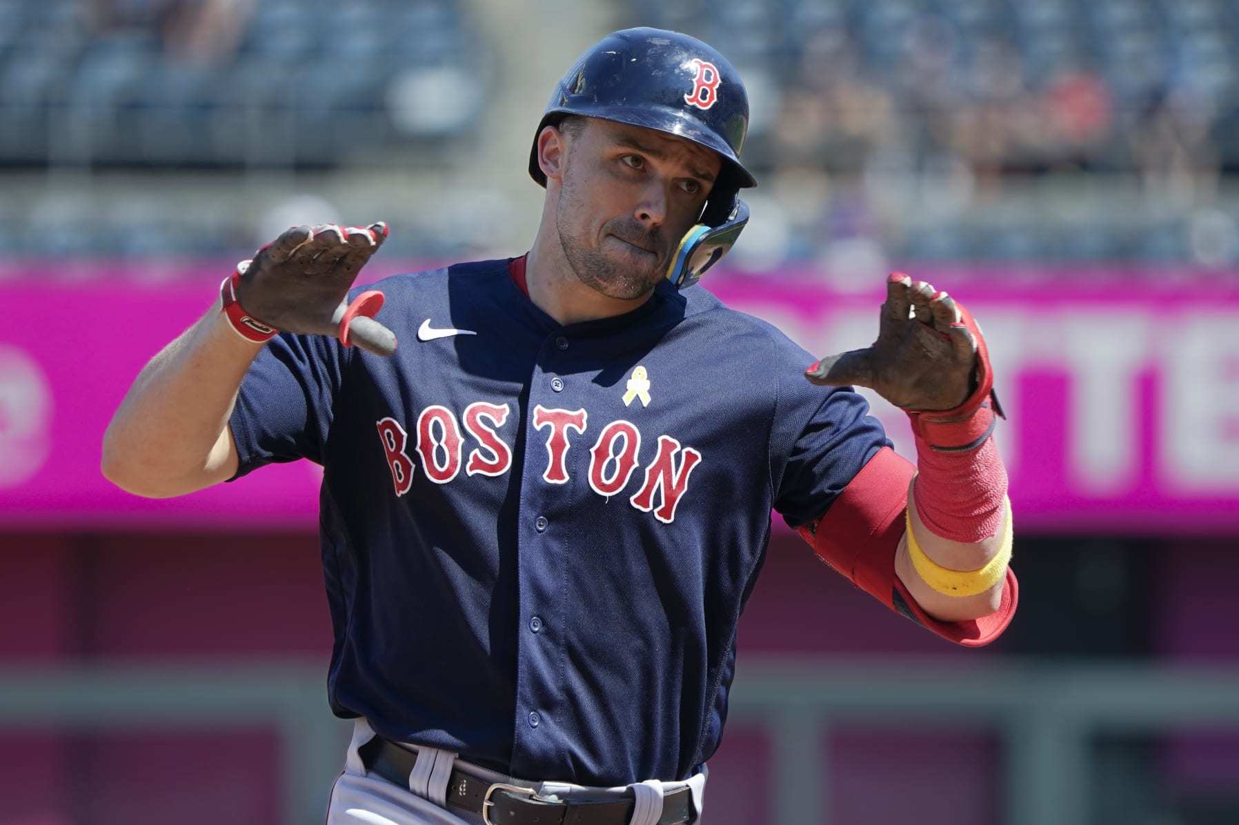 KANSAS CITY, MISSOURI - SEPTEMBER 03: Adam Duvall #18 of the Boston Red Sox celebrates a home run as he runs the bases in the sixth inning against the Kansas City Royals at Kauffman Stadium on September 03, 2023 in Kansas City, Missouri. (Photo by Ed Zurga/Getty Images)