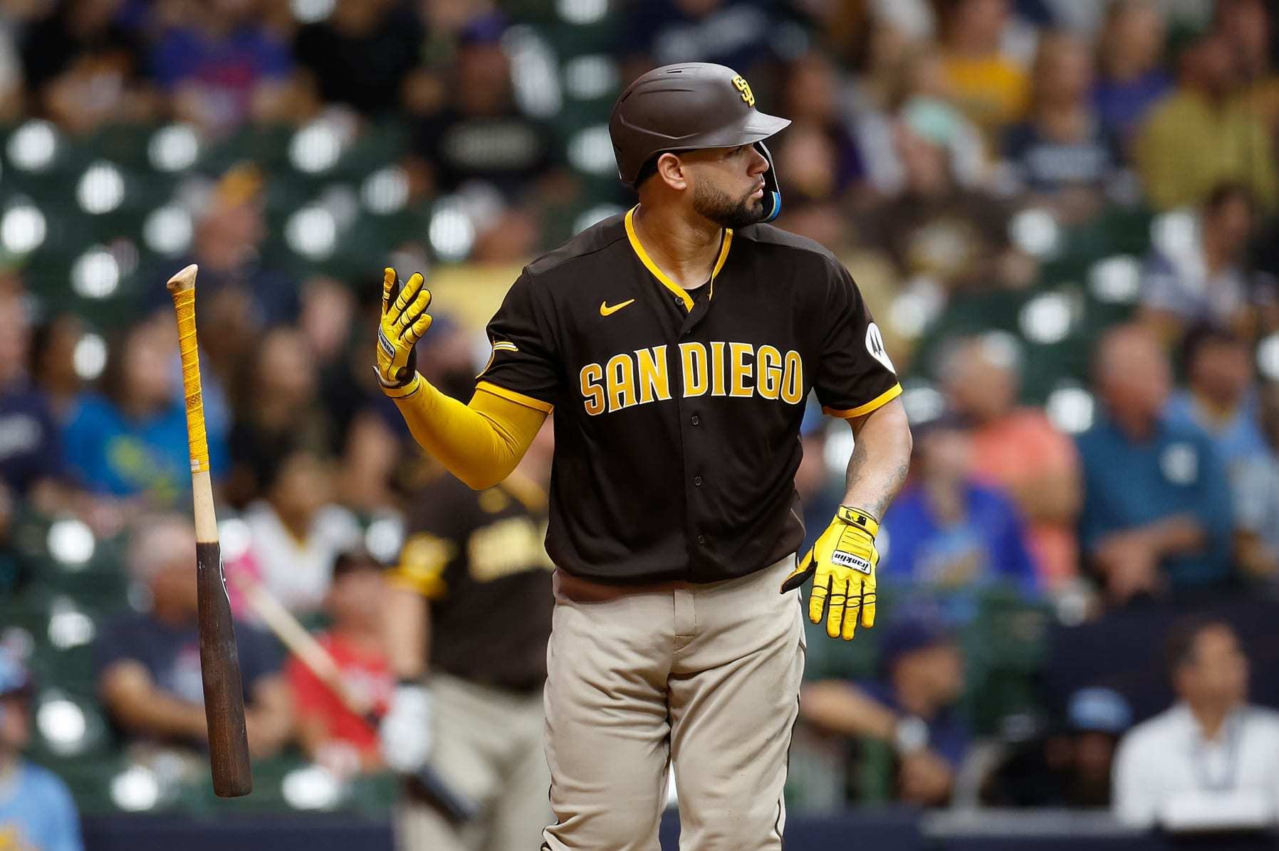 MILWAUKEE, WISCONSIN - AUGUST 25: Gary Sanchez #99 of the San Diego Padres hits a two-run homer in the ninth inning against the Milwaukee Brewers at American Family Field on August 25, 2023 in Milwaukee, Wisconsin. (Photo by John Fisher/Getty Images)
