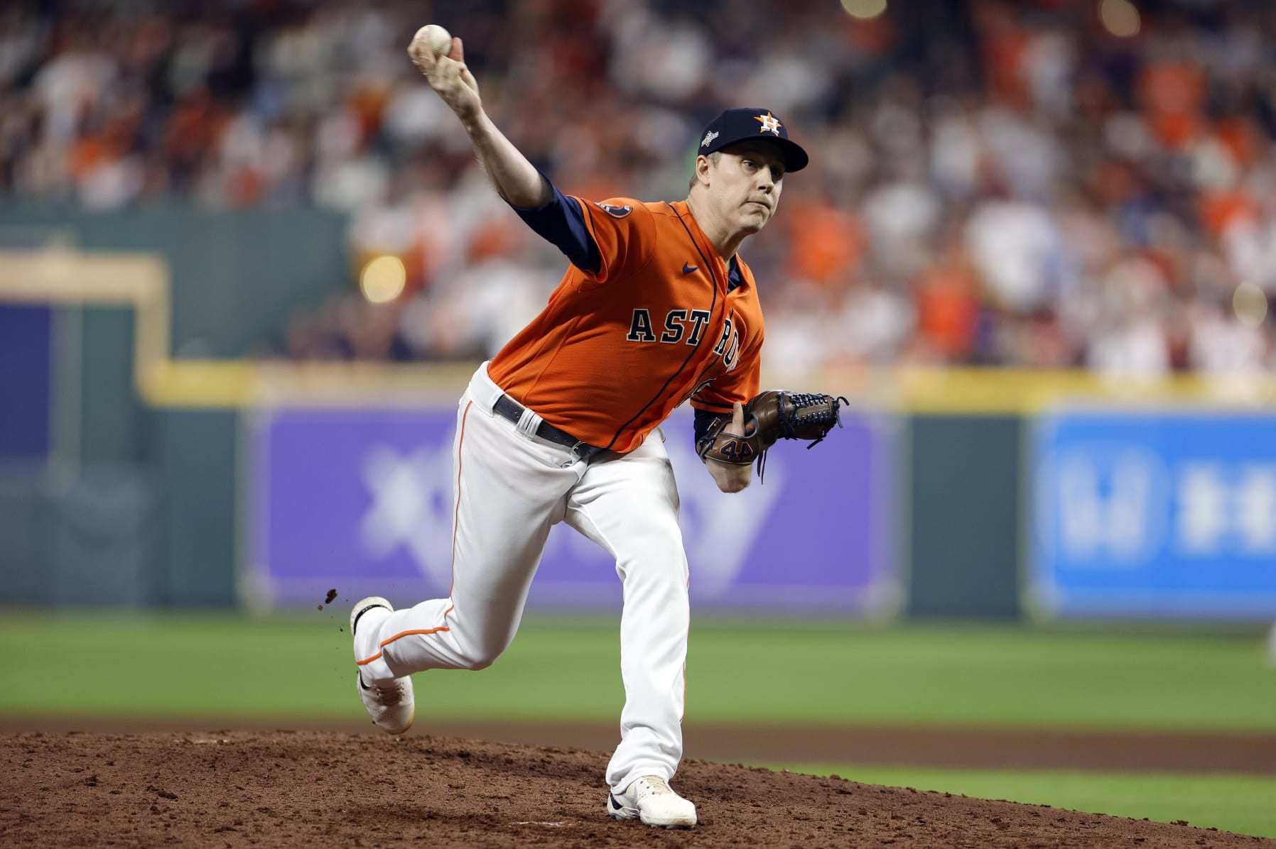 HOUSTON, TEXAS - OCTOBER 22: Phil Maton #88 of the Houston Astros throws a pitch against the Texas Rangers during the sixth inning in Game Six of the American League Championship Series at Minute Maid Park on October 22, 2023 in Houston, Texas. (Photo by Carmen Mandato/Getty Images)