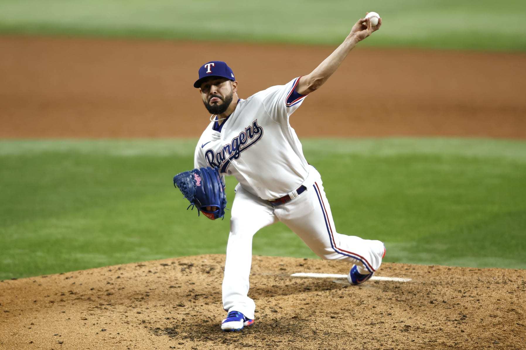 ARLINGTON, TEXAS - SEPTEMBER 20: Martin Perez #54 of the Texas Rangers pitches in the fifth inning against the Boston Red Sox at Globe Life Field on September 20, 2023 in Arlington, Texas. (Photo by Tim Heitman/Getty Images)