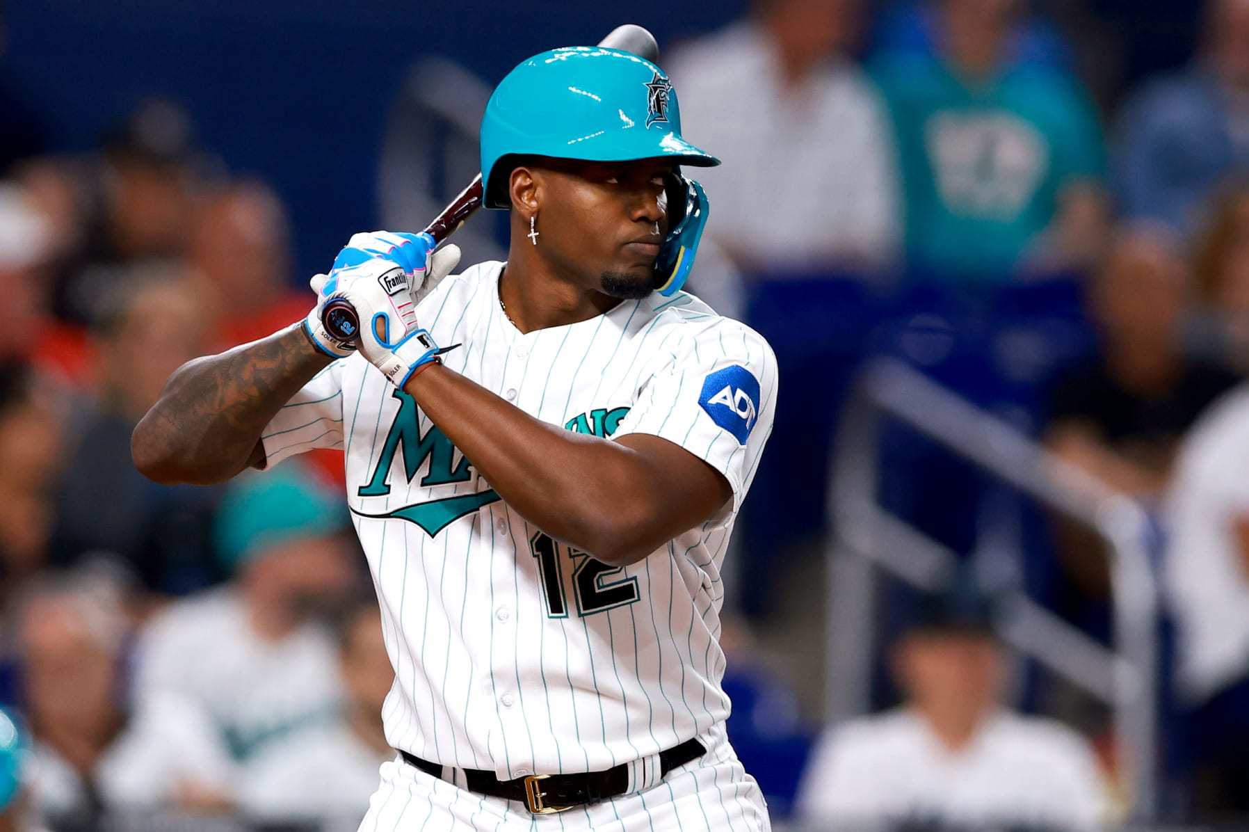 MIAMI, FLORIDA - AUGUST 25: Jorge Soler #12 of the Miami Marlins at bat against the Washington Nationals during the fourth inning at loanDepot park on August 25, 2023 in Miami, Florida. (Photo by Megan Briggs/Getty Images)