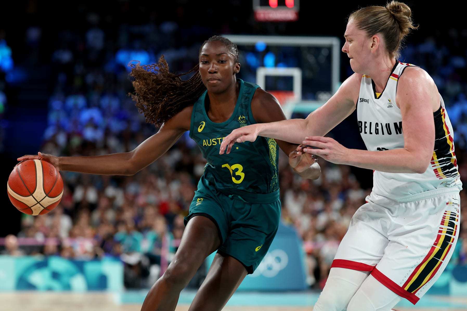 PARIS, FRANCE - AUGUST 11: Ezi Magbegor of Team Australia competes during the Women's Bronze Medal game between Team Belgium and Team Australia on day sixteen of the Olympic Games Paris 2024 at Bercy Arena on August 11, 2024 in Paris, France. (Photo by Gregory Shamus/Getty Images)