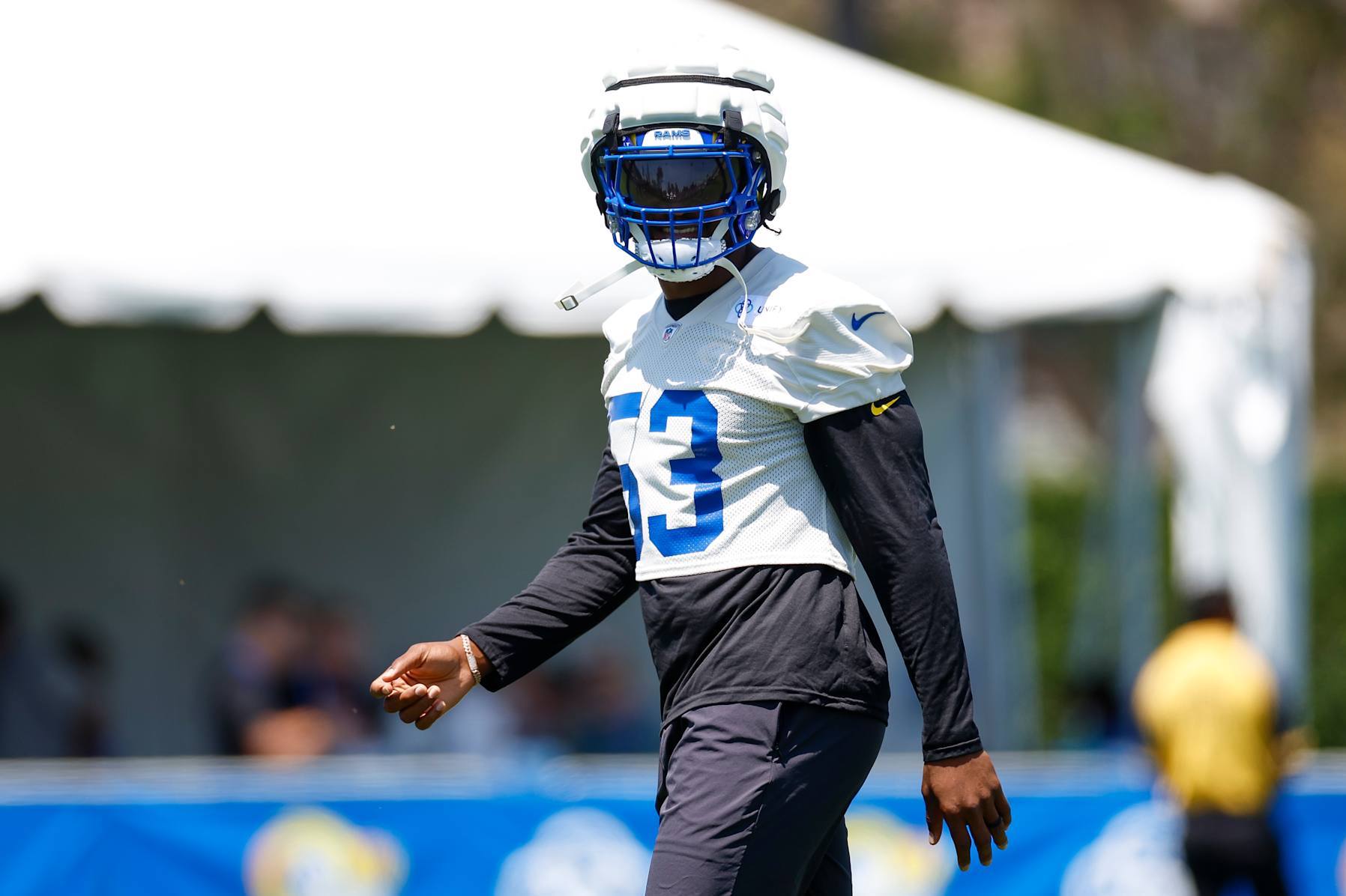 LOS ANGELES, CA - JULY 26: Los Angeles Rams linebacker Ernest Jones IV (53) walks on the field during the team's training camp at Loyola Marymount University on July 26, 2024 in Los Angeles, CA. (Photo by Brandon Sloter/Icon Sportswire via Getty Images)