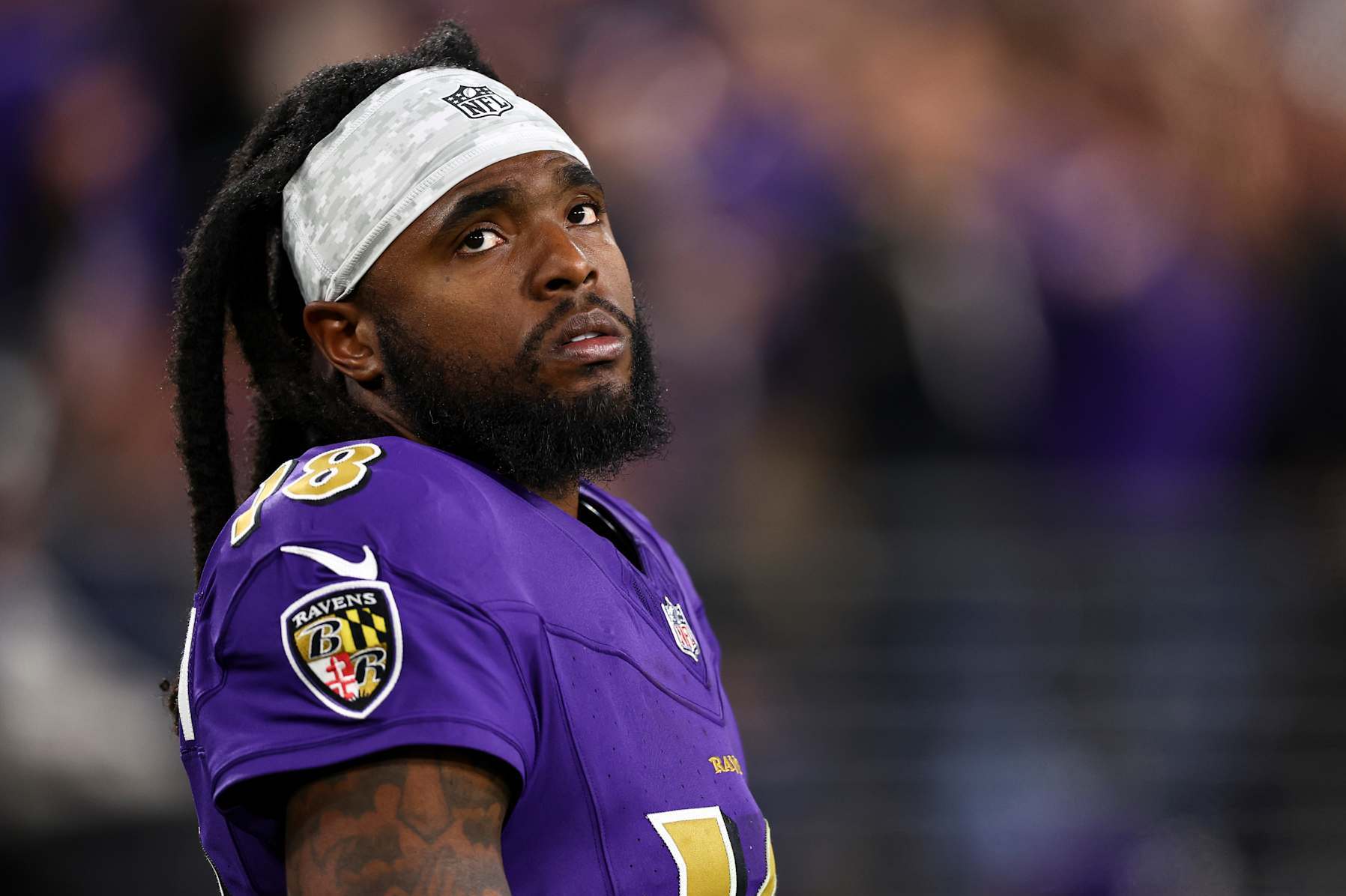 BALTIMORE, MARYLAND - NOVEMBER 07: Diontae Johnson #18 of the Baltimore Ravens looks on from the sidelines during the second half of an NFL football game against the Cincinnati Bengals at M&T Bank Stadium on November 7, 2024 in Baltimore, MD. (Photo by Kevin Sabitus/Getty Images)