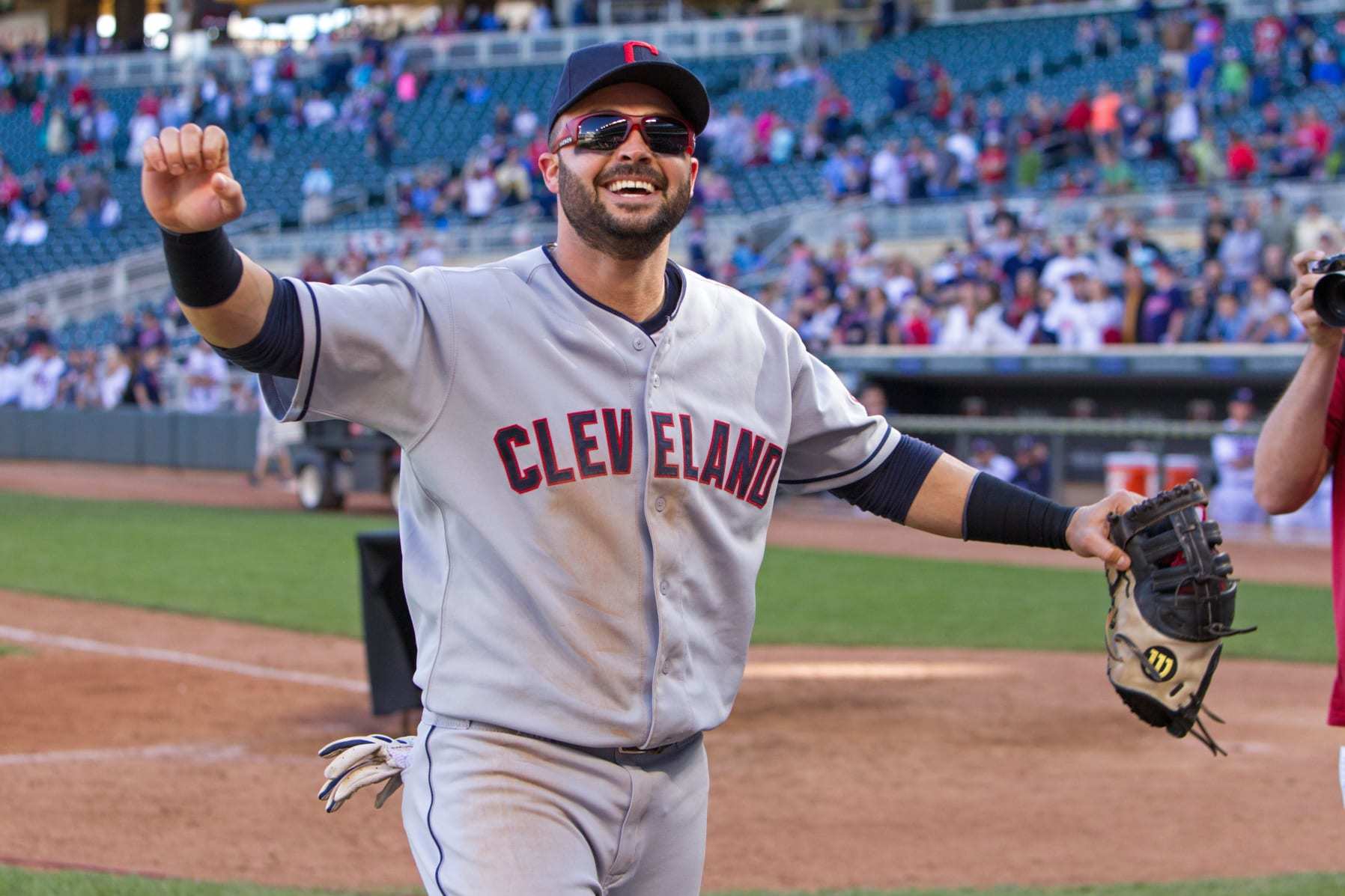 MINNEAPOLIS, MN - SEPTEMBER 29: Nick Swisher #33 of the Cleveland Indians celebrates following the game against the Minnesota Twins on September 29, 2013 at Target Field in Minneapolis, Minnesota. The Indians defeated the Twins 5-1. (Photo by Brace Hemmelgarn/Minnesota Twins/Getty Images)