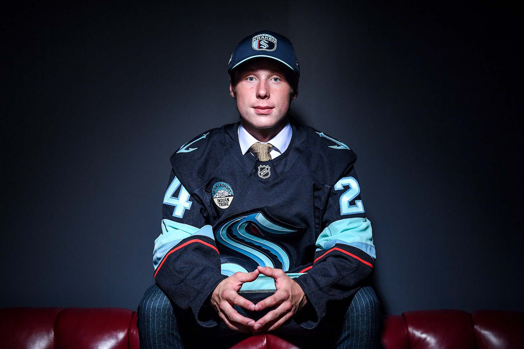 LAS VEGAS, NEVADA - JUNE 28: Berkly Catton poses for a portrait after being drafted by the Seattle Kraken with the eight overall pick during the 2024 Upper Deck NHL Draft at Sphere on June 28, 2024 in Las Vegas, Nevada. (Photo by Candice Ward/Getty Images)