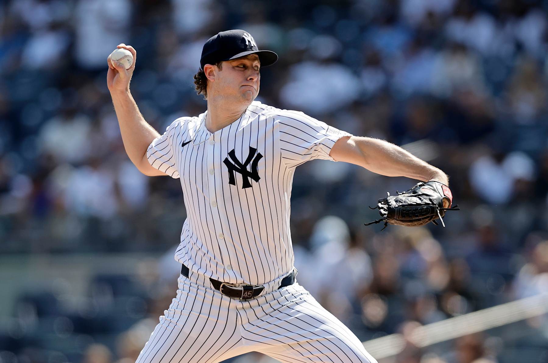NEW YORK, NEW YORK - SEPTEMBER 14: Gerrit Cole #45 of the New York Yankees pitches during the first inning against the Boston Red Sox at Yankee Stadium on September 14, 2024 in New York City. (Photo by Jim McIsaac/Getty Images)