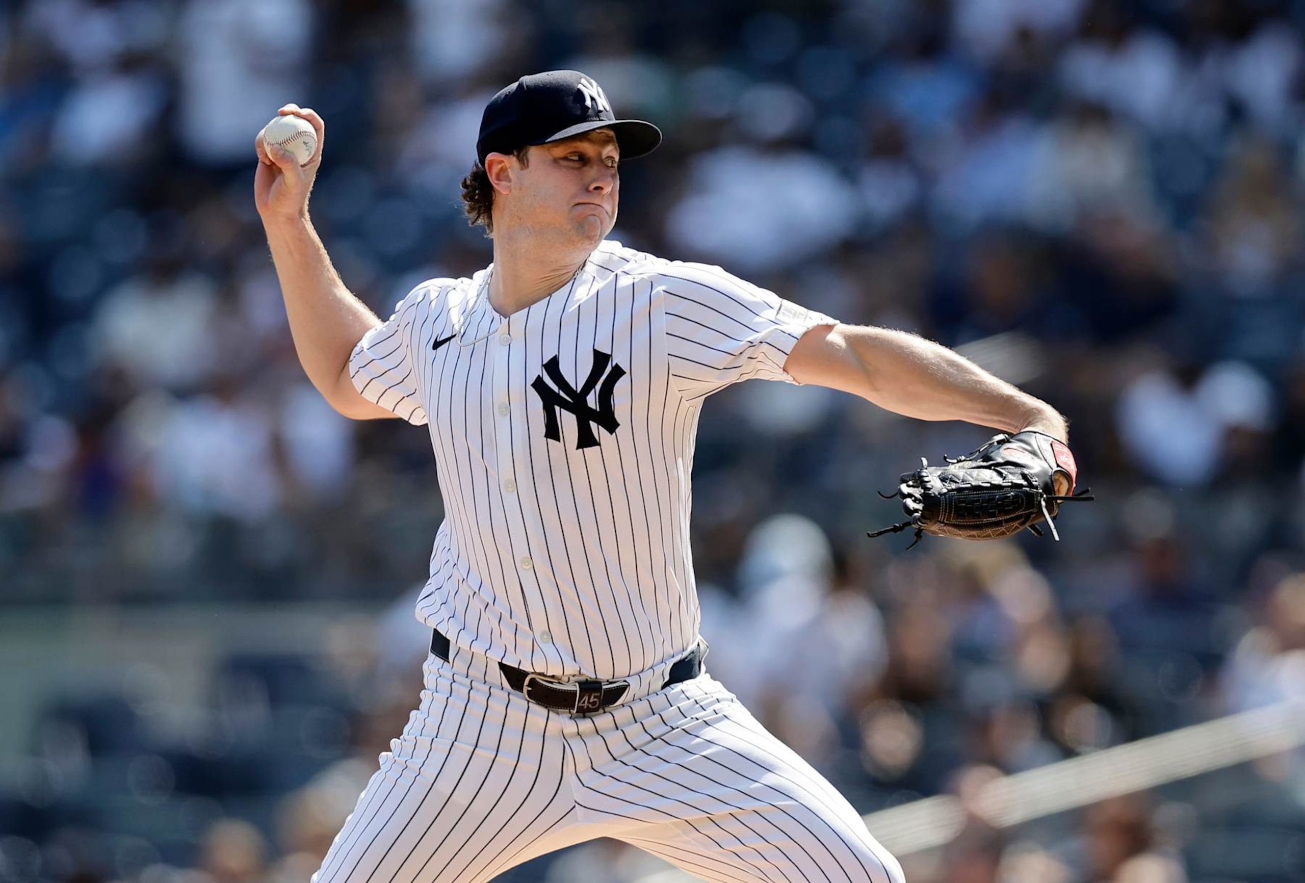 NEW YORK, NEW YORK - SEPTEMBER 14:  Gerrit Cole #45 of the New York Yankees pitches during the first inning against the Boston Red Sox at Yankee Stadium on September 14, 2024 in New York City. (Photo by Jim McIsaac/Getty Images)