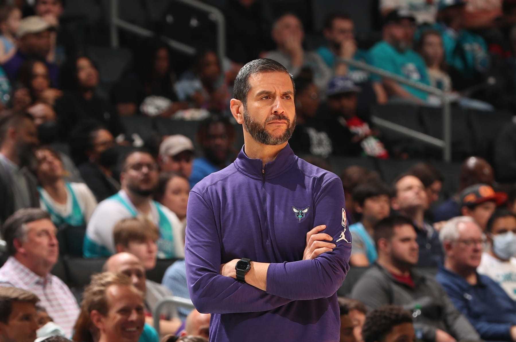 CHARLOTTE, NC - APRIL 7: Head Coach James Borrego of the Charlotte Hornets looks on during the game against the Orlando Magic on April 7, 2022 at Spectrum Center in Charlotte, North Carolina. NOTE TO USER: User expressly acknowledges and agrees that, by downloading and or using this photograph, User is consenting to the terms and conditions of the Getty Images License Agreement.  Mandatory Copyright Notice:  Copyright 2022 NBAE (Photo by Brock Williams-Smith/NBAE via Getty Images)