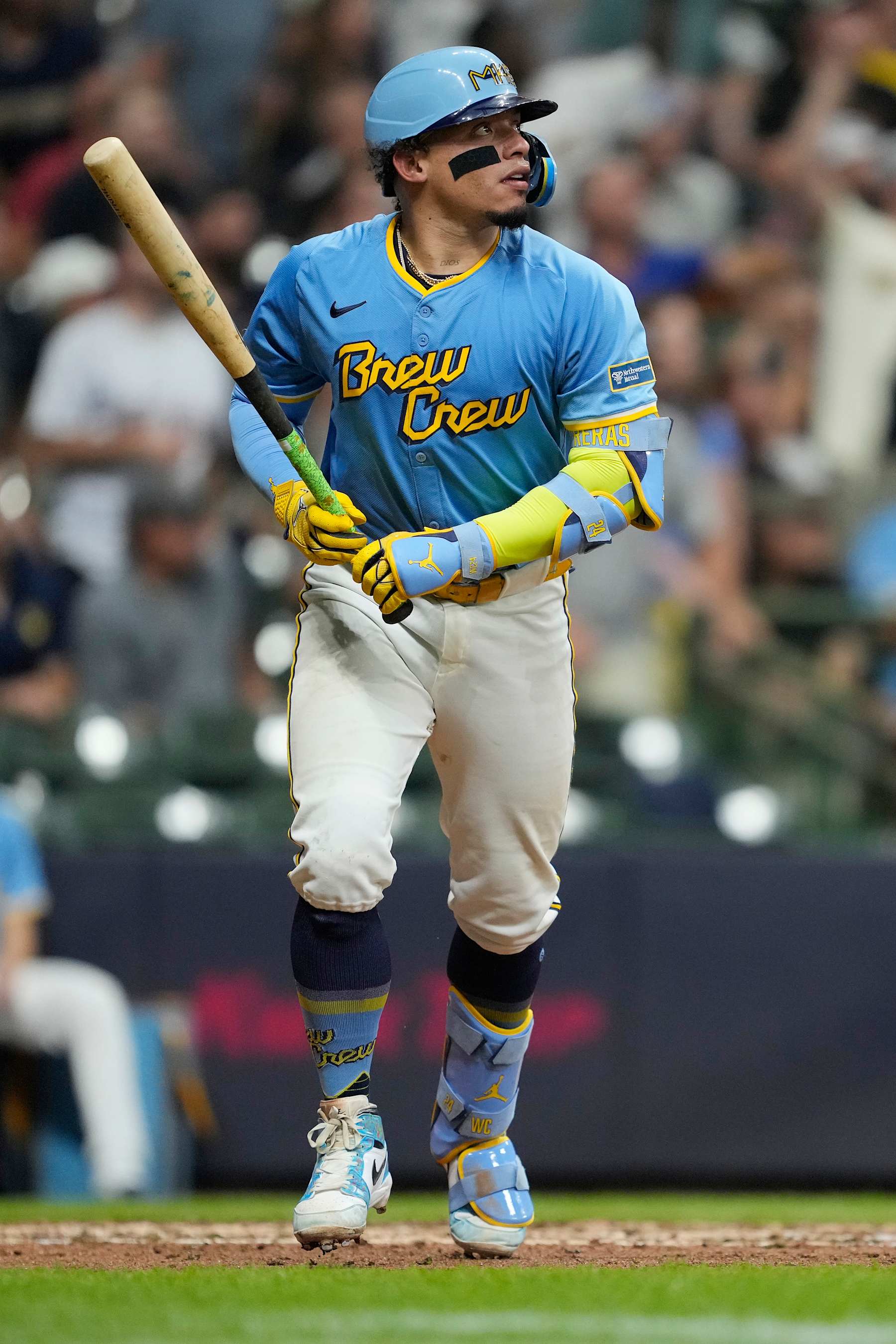 MILWAUKEE, WISCONSIN - SEPTEMBER 20: William Contreras #24 of the Milwaukee Brewers hits a two-run home run in the fifth inning against the Arizona Diamondbacks at American Family Field on September 20, 2024 in Milwaukee, Wisconsin. (Photo by Patrick McDermott/Getty Images)