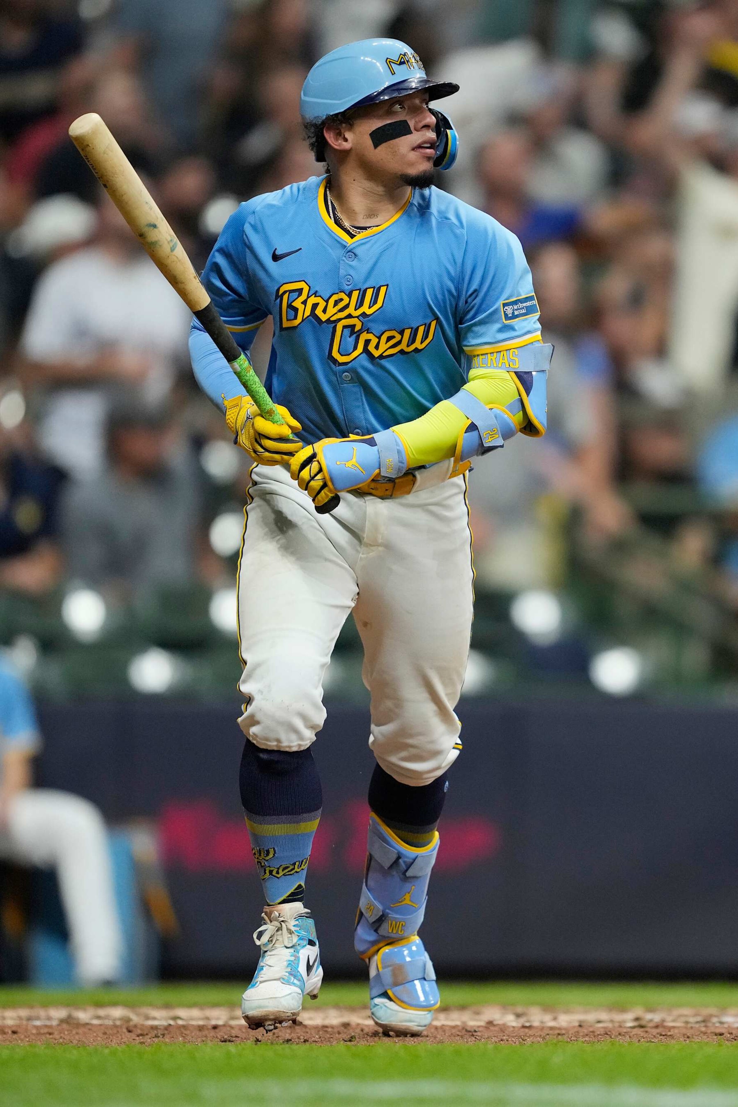 MILWAUKEE, WISCONSIN - SEPTEMBER 20: William Contreras #24 of the Milwaukee Brewers hits a two-run home run in the fifth inning against the Arizona Diamondbacks at American Family Field on September 20, 2024 in Milwaukee, Wisconsin. (Photo by Patrick McDermott/Getty Images)
