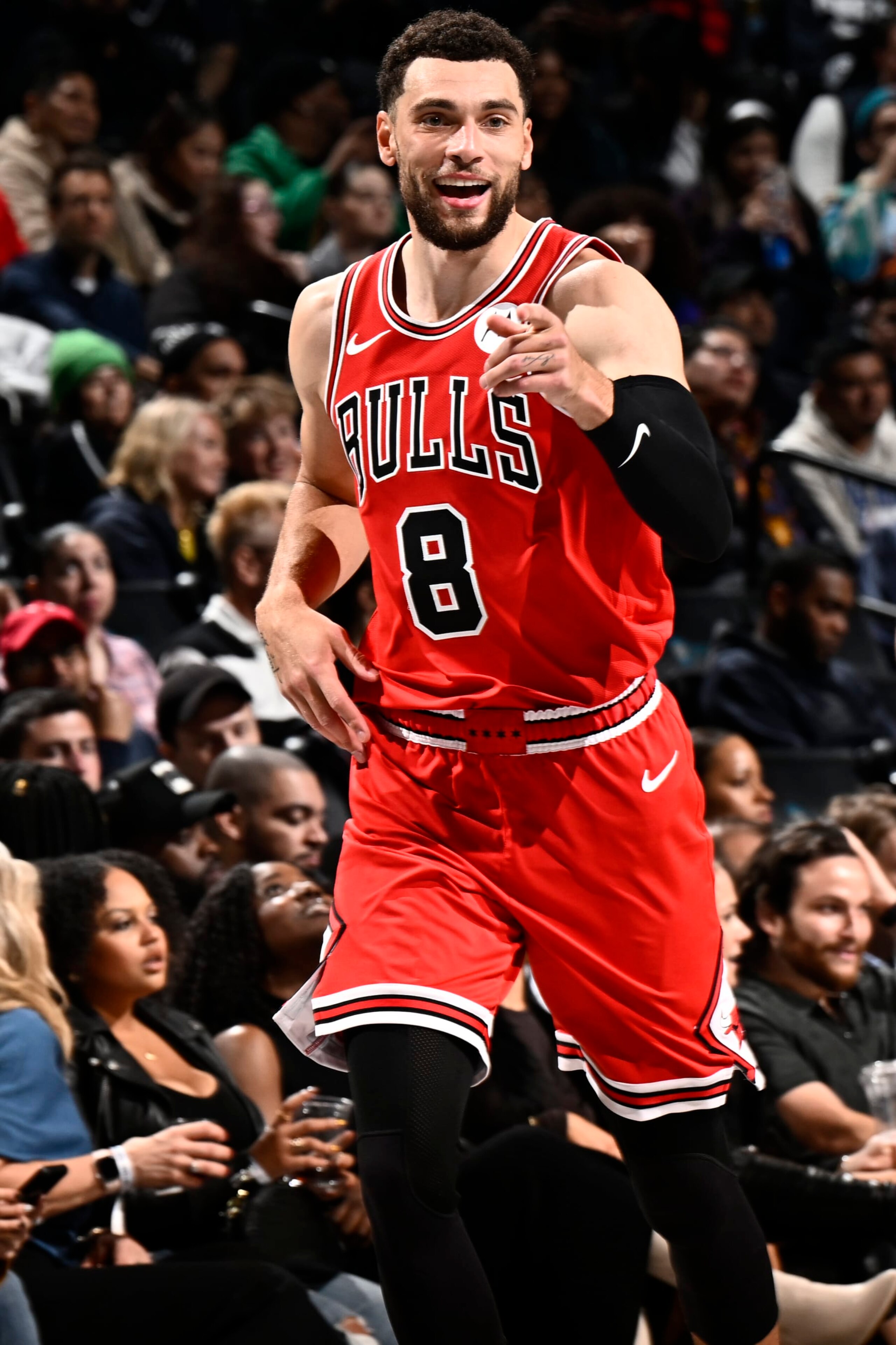 BROOKLYN, NY - NOVEMBER 26: Zach LaVine #8 of the Chicago Bulls smiles during the game against the Brooklyn Nets on November 26, 2023 at Barclays Center in Brooklyn, New York. NOTE TO USER: User expressly acknowledges and agrees that, by downloading and or using this Photograph, user is consenting to the terms and conditions of the Getty Images License Agreement. Mandatory Copyright Notice: Copyright 2023 NBAE (Photo by David Dow/NBAE via Getty Images) BROOKLYN, NY - NOVEMBER 26: Zach LaVine #8 of the Chicago Bulls smiles during the game against the Brooklyn Nets on November 26, 2023 at Barclays Center in Brooklyn, New York. NOTE TO USER: User expressly acknowledges and agrees that, by downloading and or using this Photograph, user is consenting to the terms and conditions of the Getty Images License Agreement. Mandatory Copyright Notice: Copyright 2023 NBAE (Photo by David Dow/NBAE via Getty Images)