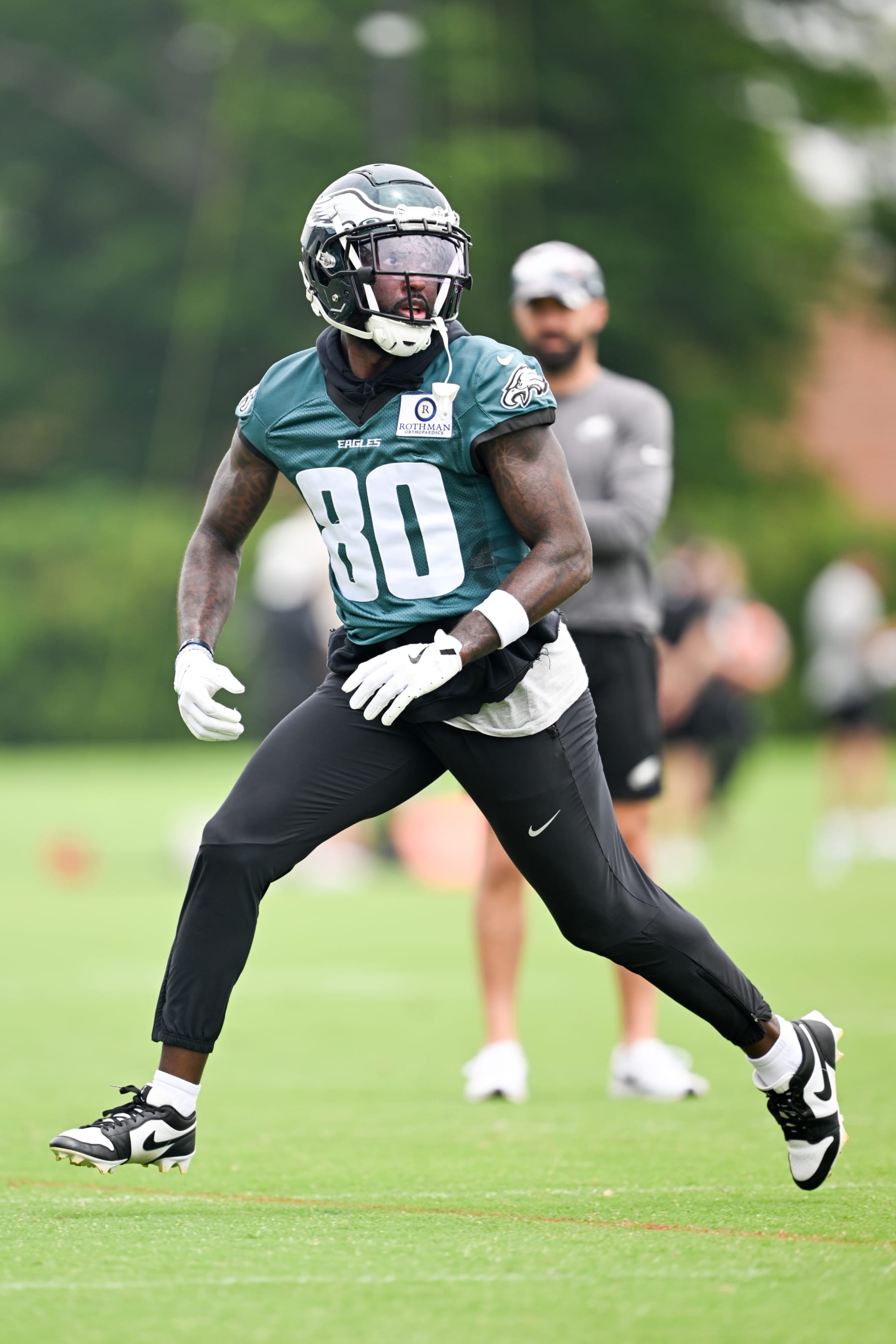 PHILADELPHIA, PA - JUNE 06: Philadelphia Eagles wide receiver Parris Campbell (80) runs a route during Eagles training camp on June 6th, 2024 at the NovaCare Complex in Philadelphia, Pa. (Photo by Terence Lewis/Icon Sportswire via Getty Images)