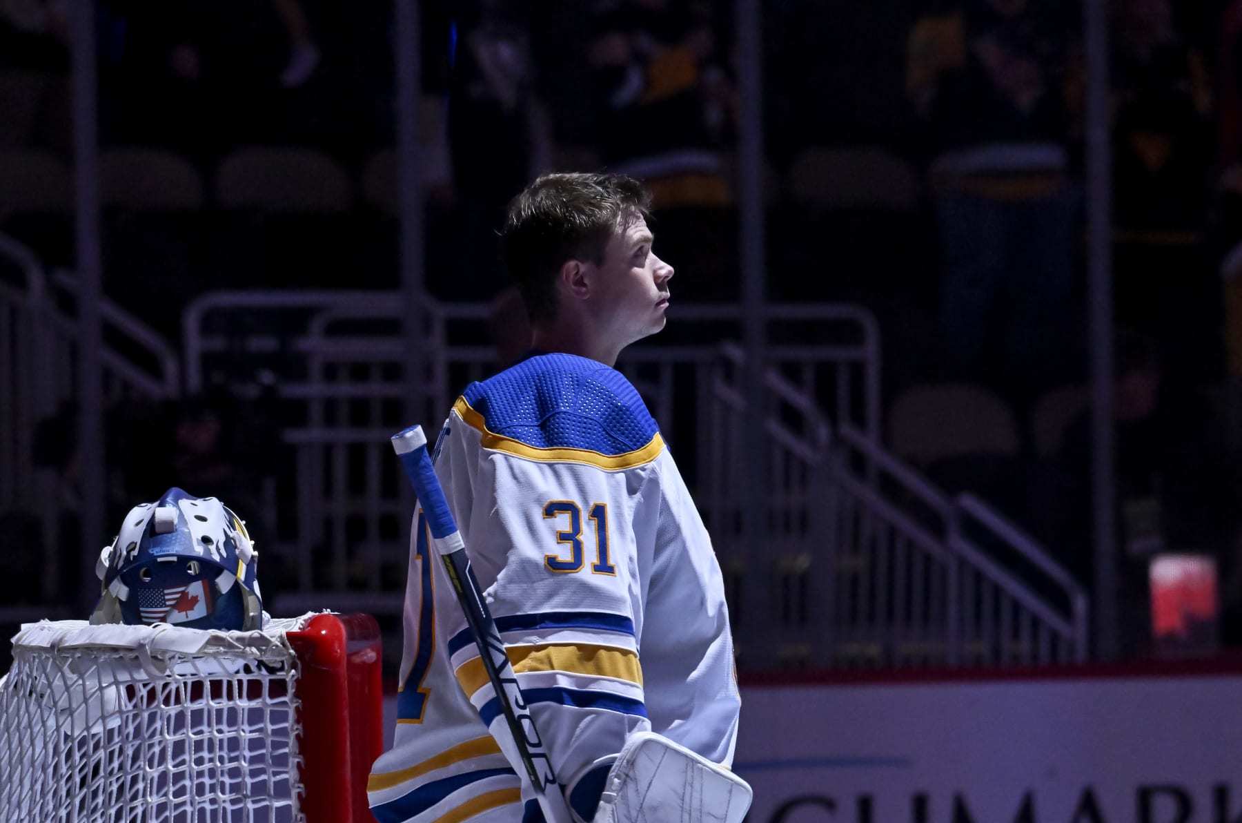 PITTSBURGH, PA - OCTOBER 07: Buffalo Sabres goaltender Eric Comrie (31) looks on before the first period in the preseason game between the Pittsburgh Penguins and the Buffalo Sabres on October 7, 2022, at PPG Paints Arena in Pittsburgh, PA. (Photo by Jeanine Leech/Icon Sportswire via Getty Images)