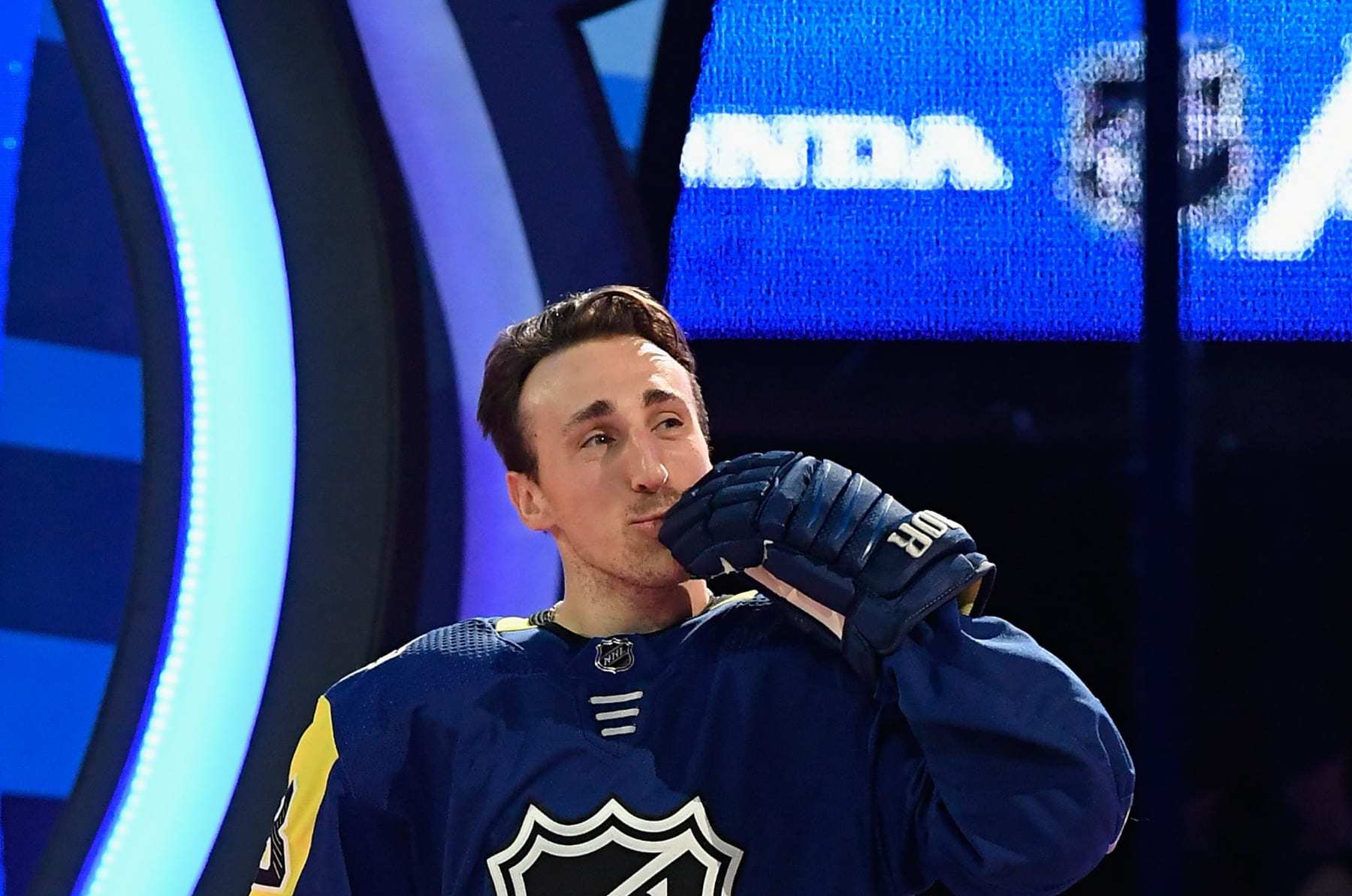 TAMPA, FL - JANUARY 28: Brad Marchand #63 of the Boston Bruins acknowledges the fans during player introductions prior to the 2018 Honda NHL All-Star Game at Amalie Arena on January 28, 2018 in Tampa, Florida. (Photo by Brian Babineau/NHLI via Getty Images)